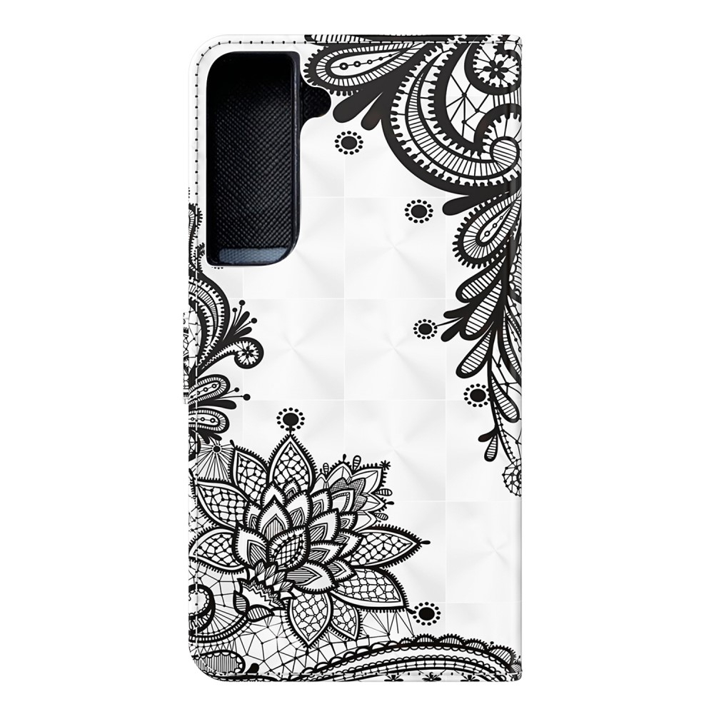 Samsung Galaxy S22 5G Leder Tasche mit Kartenfach   Handschlaufe - Blumen Mandala (Weiss)