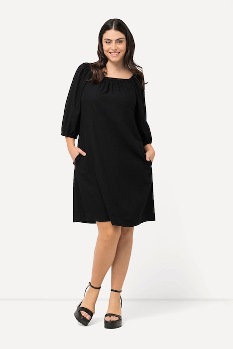 Midikleid, Leinenmix, A-Linie, Carree-Ausschnitt, Halbarm