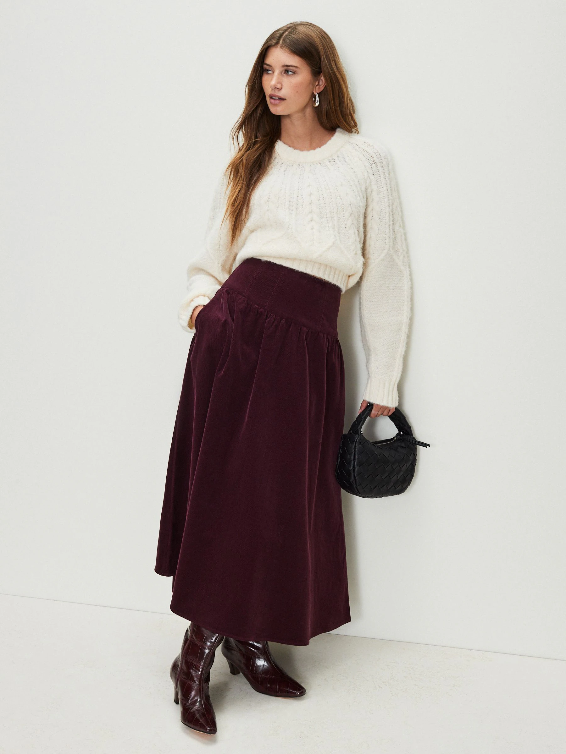 Bordeauxrood - Midi rok van corduroy met verlaagde taille