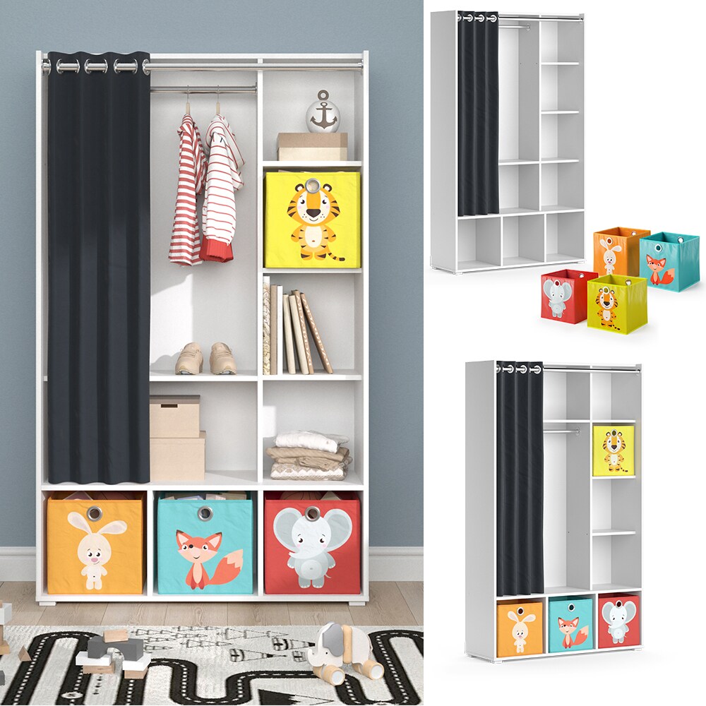Vicco Kinderkleiderschrank Kinderzimmerschrank Kindergarderobe Luigi Weiß Faltbox 106 x 178 cm modern Schrankregal Jugendzimmerschrank Organizer Vorhang Kleiderstange Fächer Aufbewahrung Spielzeugablage