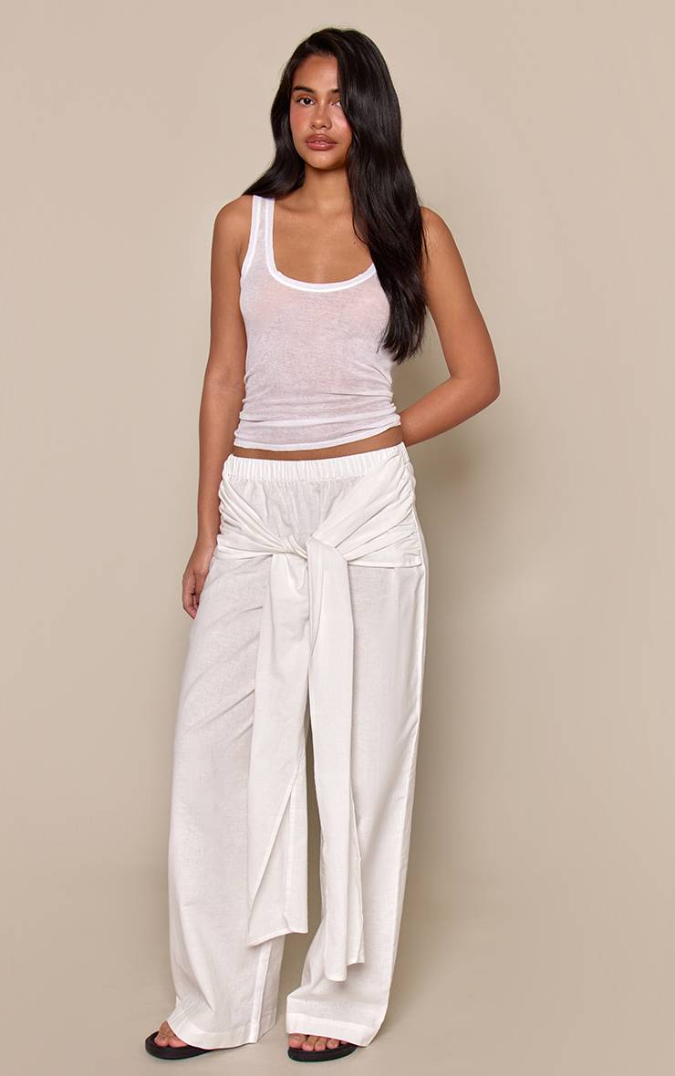 Blanc Pantalon Droit En Mélange Coton Lin Avec Détail Drapé