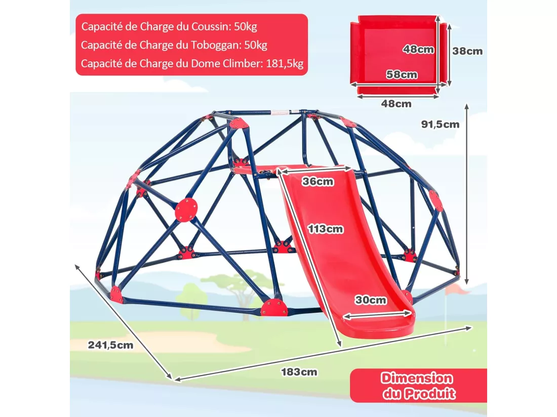 Dôme d'escalade Enfants avec Toboggan, Cage d'escalade avec Coussin en Tissu et velours, Charge 180kg, Aire de Jeux Extérieure et Intérieure pour Garçons et Filles de 3 à 10 Ans (Rouge)