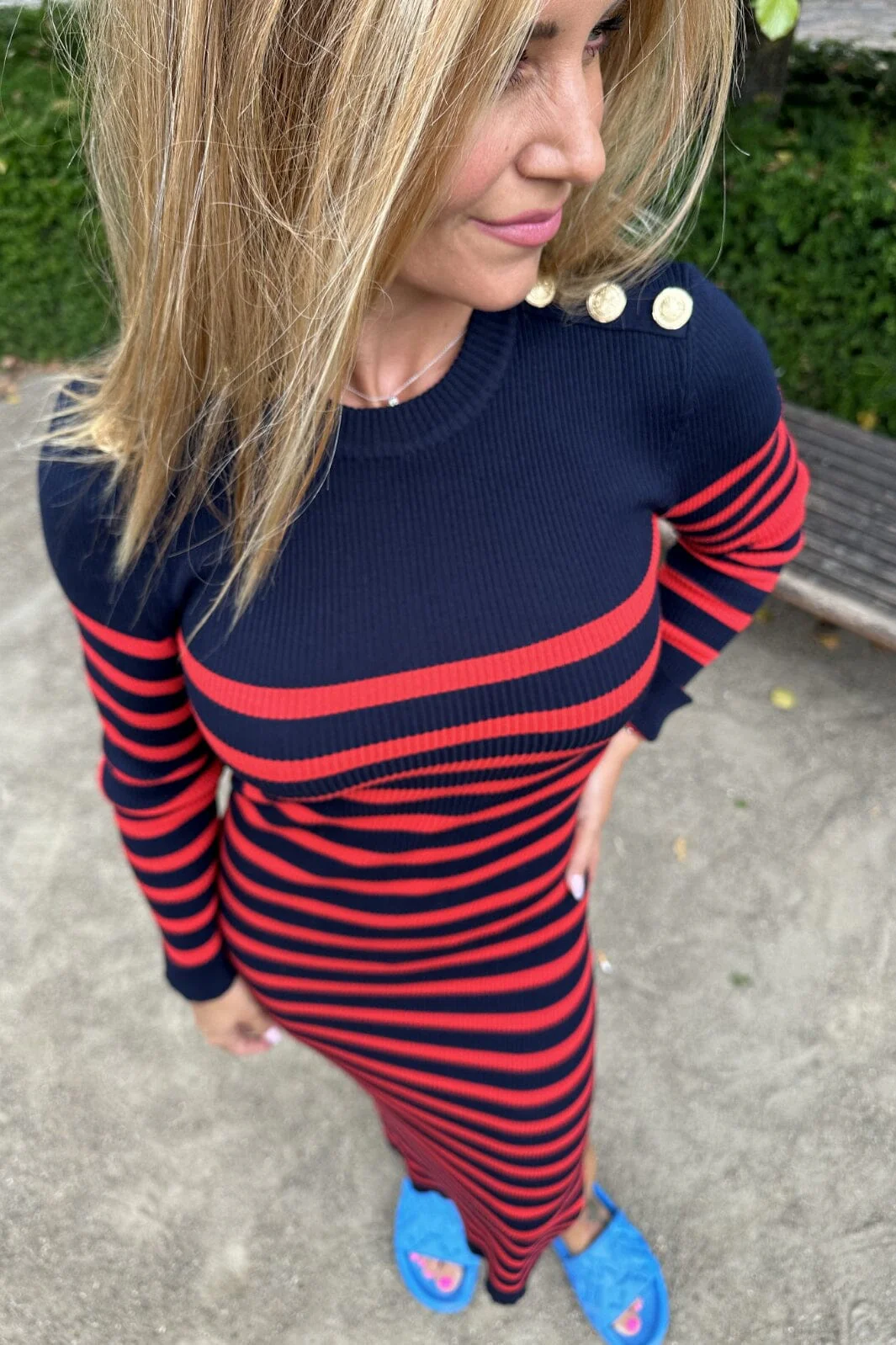 Valentin Studio Gold Button Knit Long Dress navy red stripe
