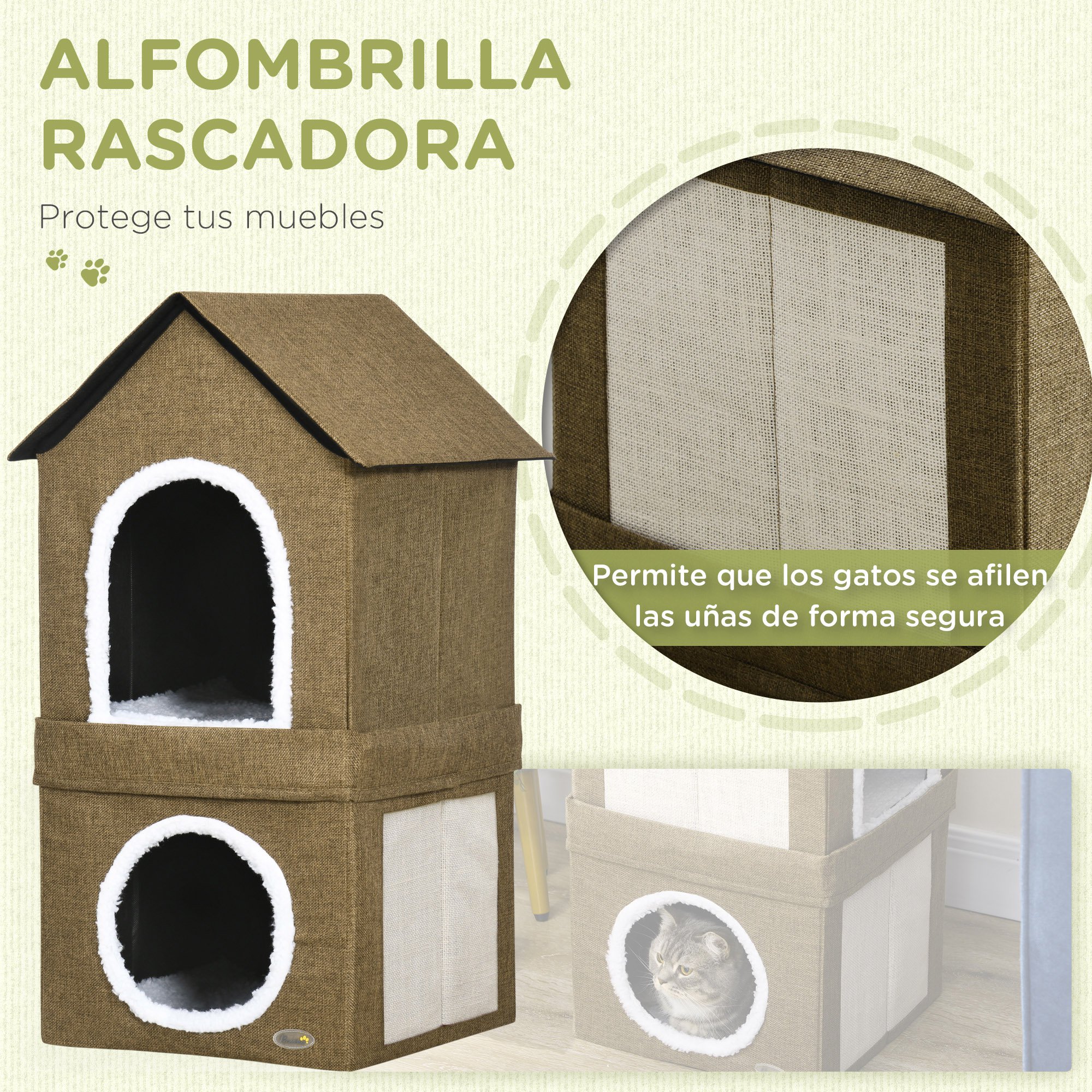 Casinha para gatos Pawhut de 2 níveis, tipo caverna, com 2 almofadas e arranhadores, pode ser usada junta ou separadamente, 40x41x75 cm, marrom.