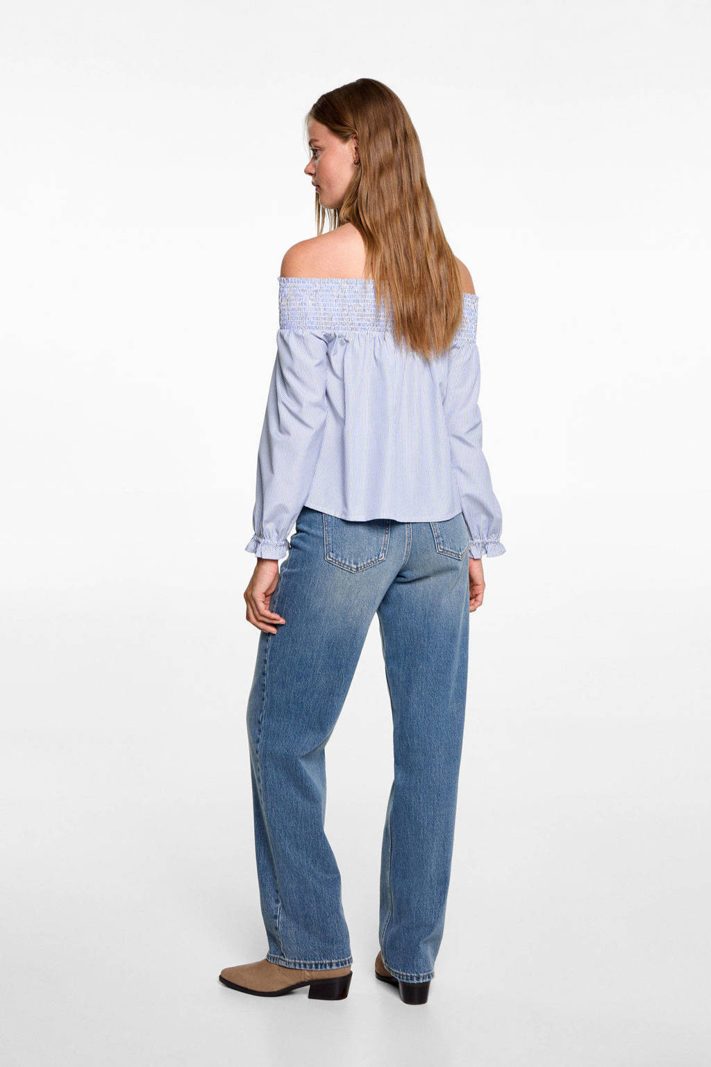 MANGO TEEN gestreepteoff shoulder top lichtblauw
