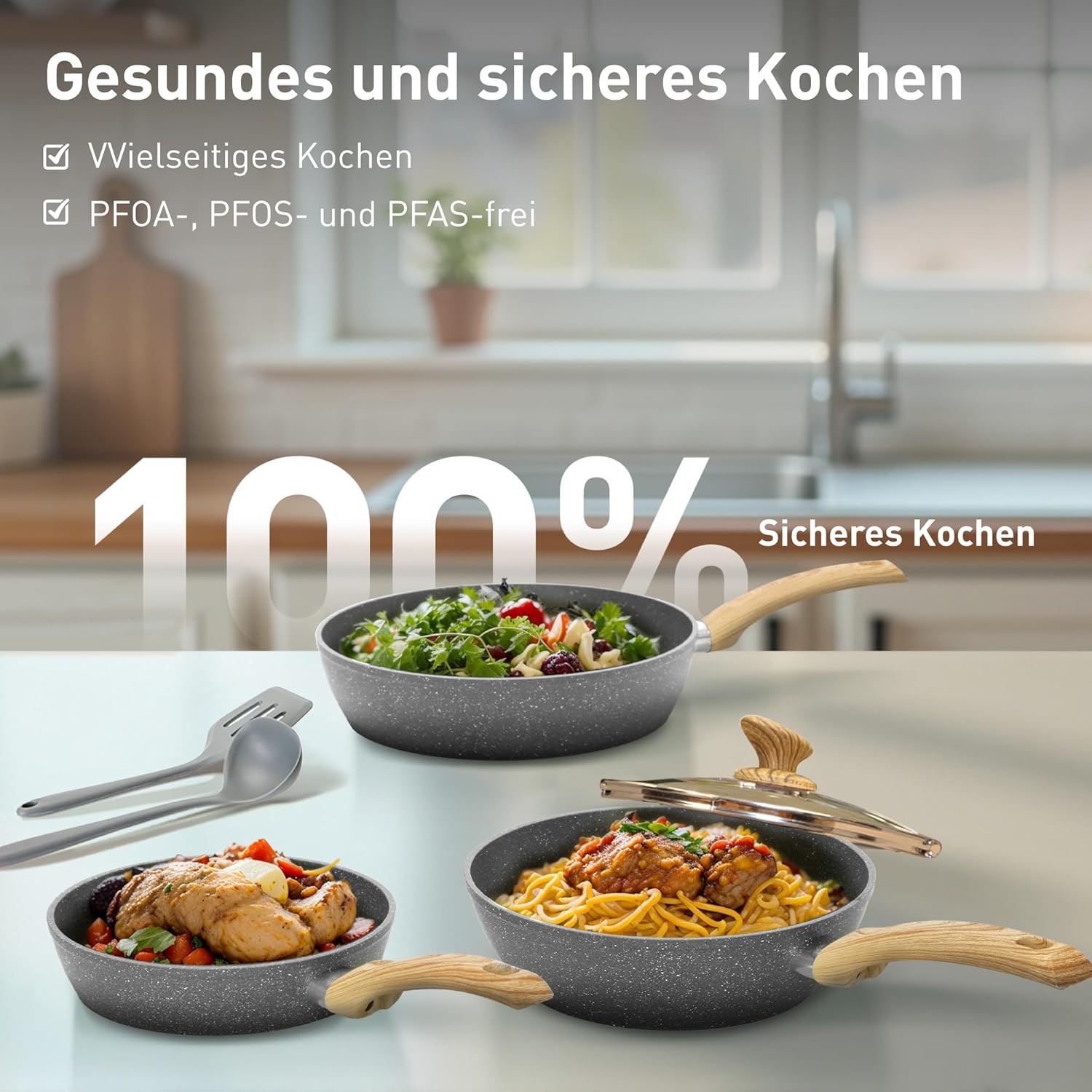 DishDelight Topfset Beschichteter Topf Induktion Töpfe Set Pfannenset 12-teilige Granit Antihaft Töpfe und Pfannen Cookware Kochtopf Bratpfanne mit Glasdeckeln