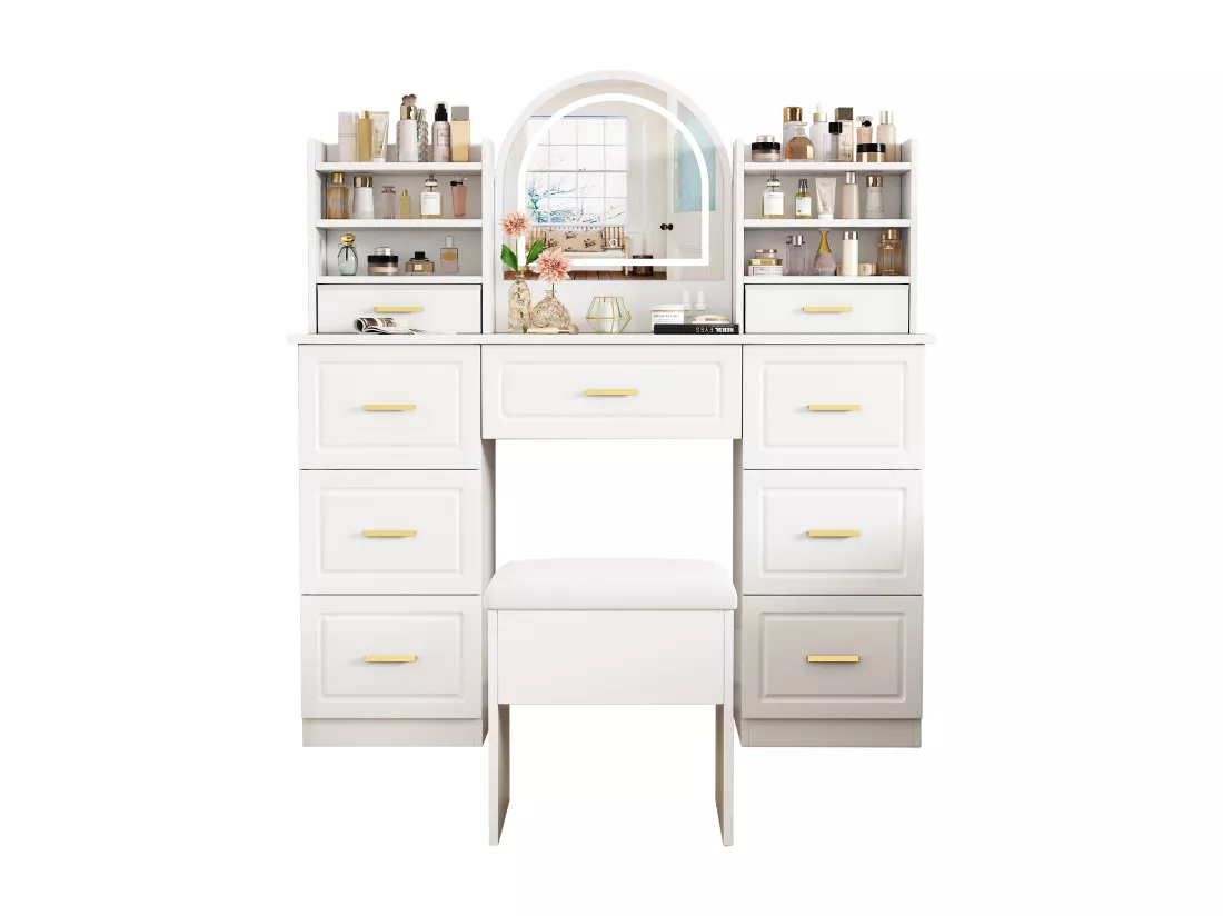 Coiffeuse avec 9 tiroirs, miroir et tabouret - 120 x 40 x 135 cm - LEDs - Panneau de particules - Blanc