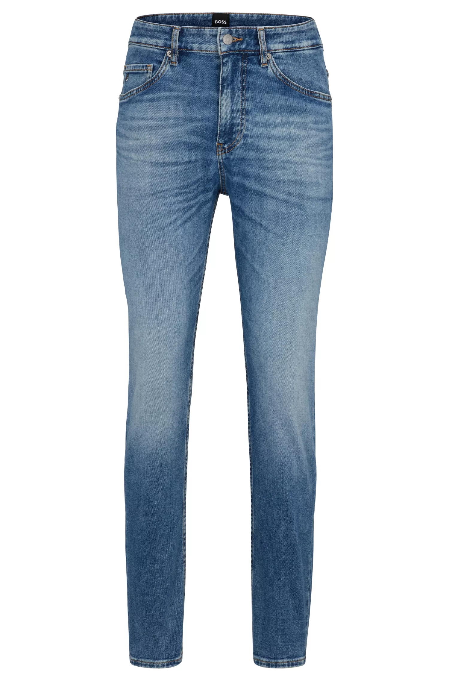 Calça jeans BOSS preta, corte afunilado, em denim italiano stretch azul médio.