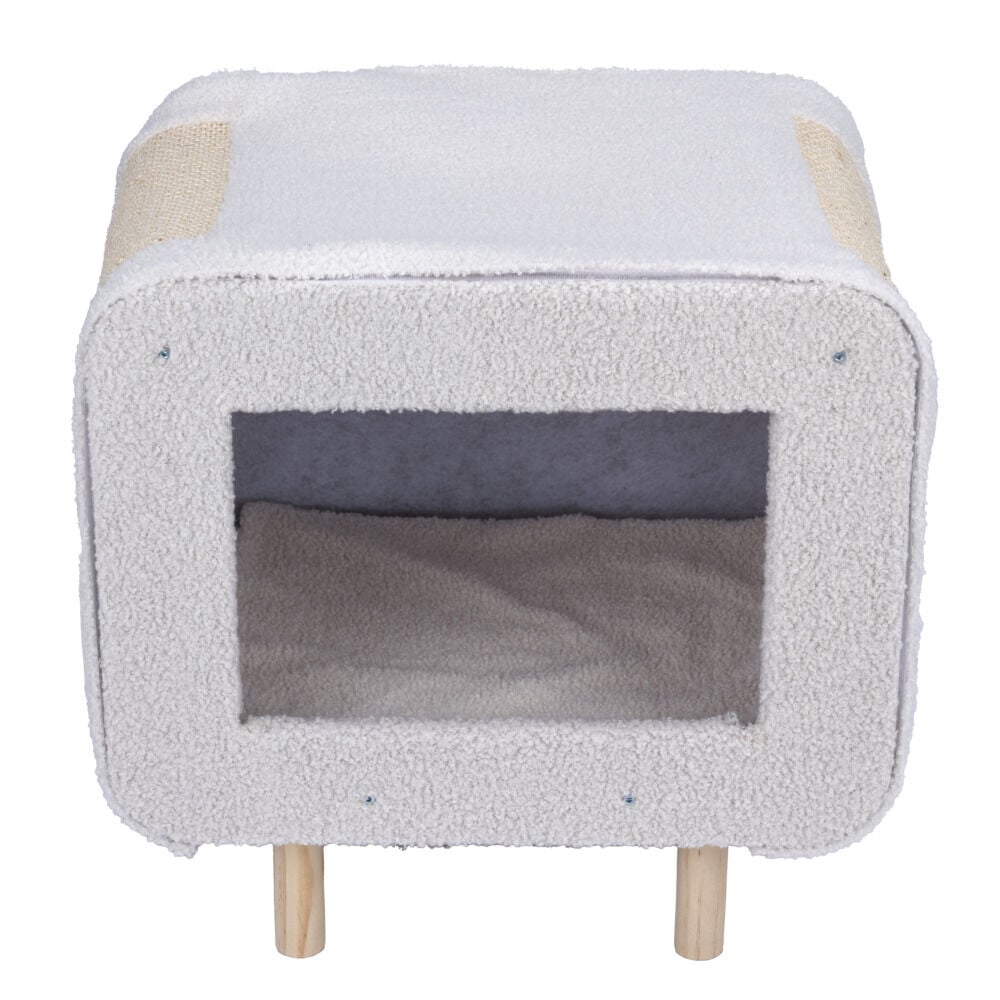 Niche pour chat ou chien en bois et tissu beige avec grattoir 48x48xH38cm