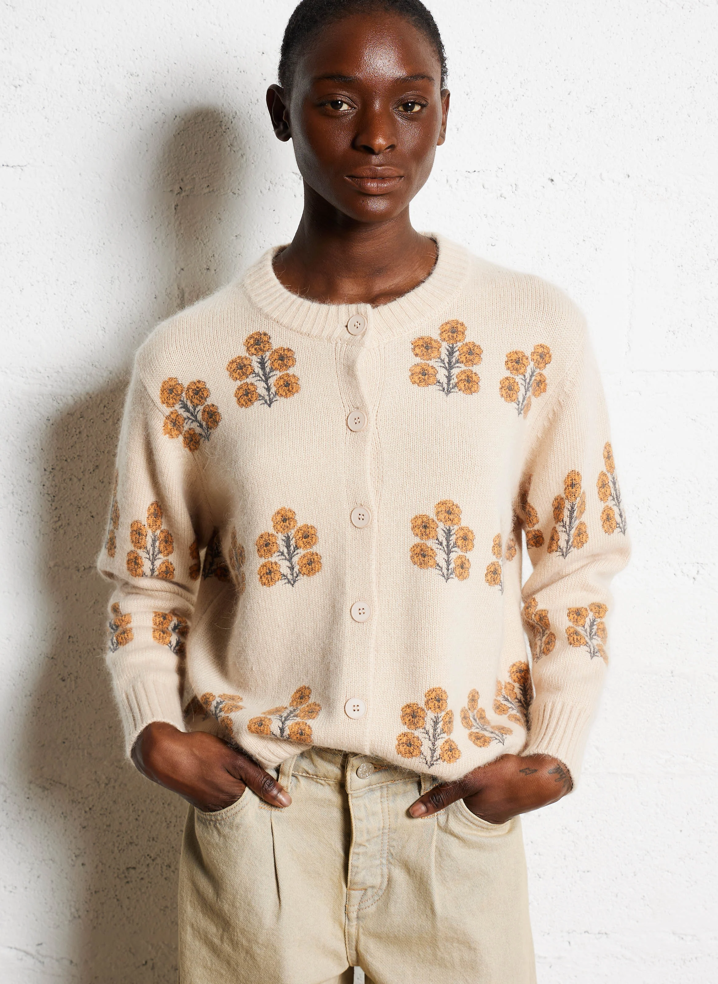 BELEN ASTER - Cardigan droit à motifs| Beige