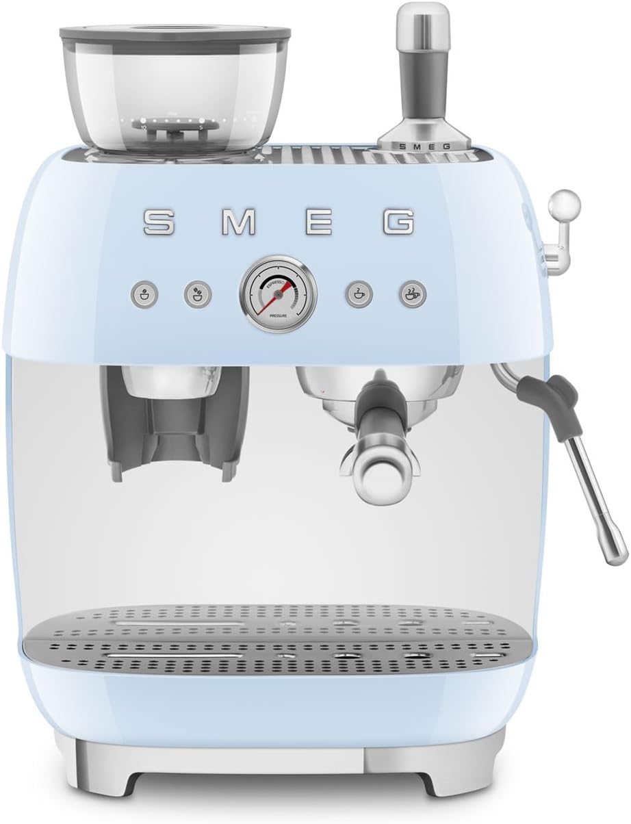 Smeg, Machine à Café Expresso Manuelle EGF03CREU, avec Broyeur à Grain Intégré, Thermoblock, 4 Niveaux de Température, Buse Vapeur et Manomètre, Réservoir 1 L, Dimensions Compactes, 1350W, Crème