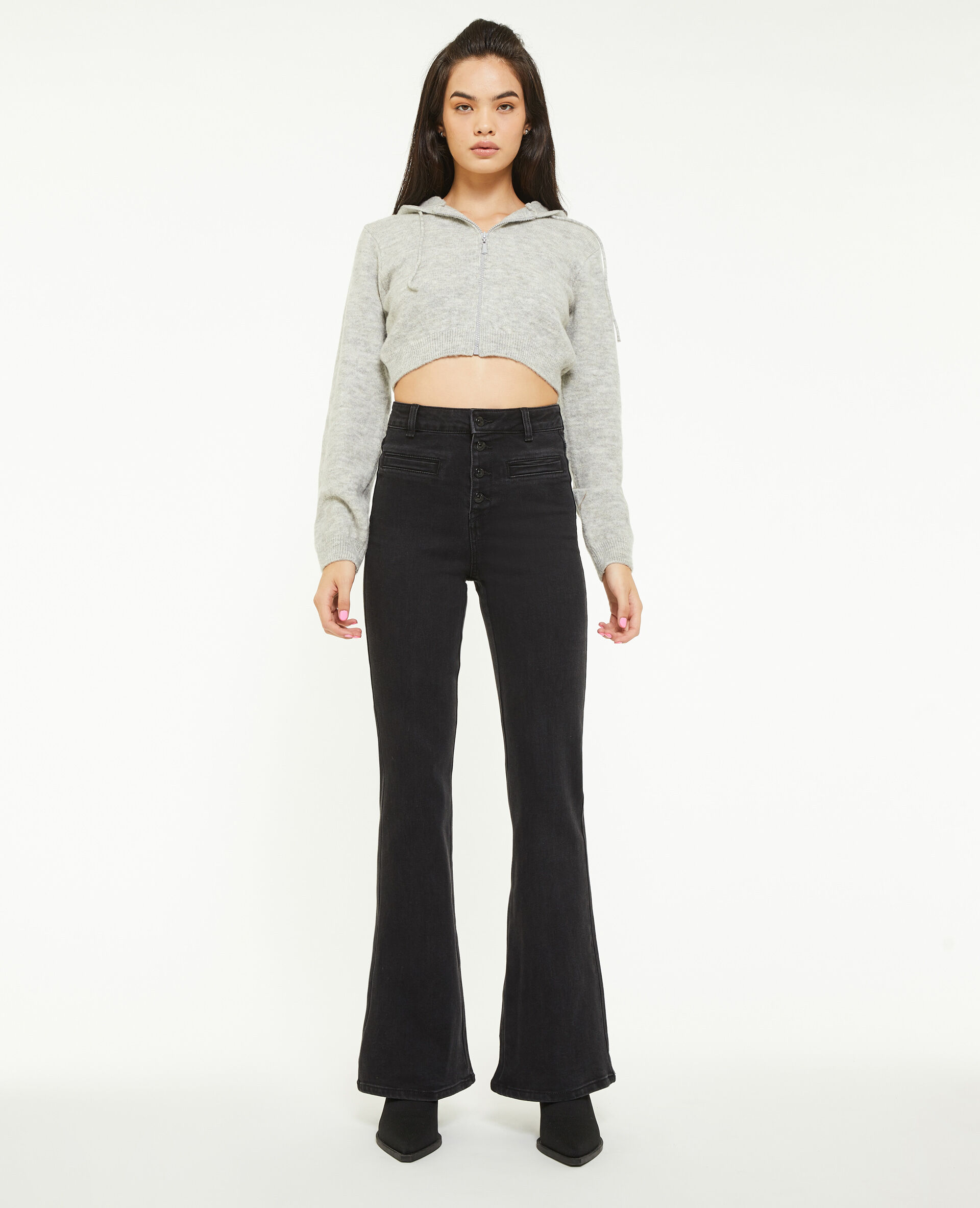 Jean flare taille haute boutons apparents - Noir