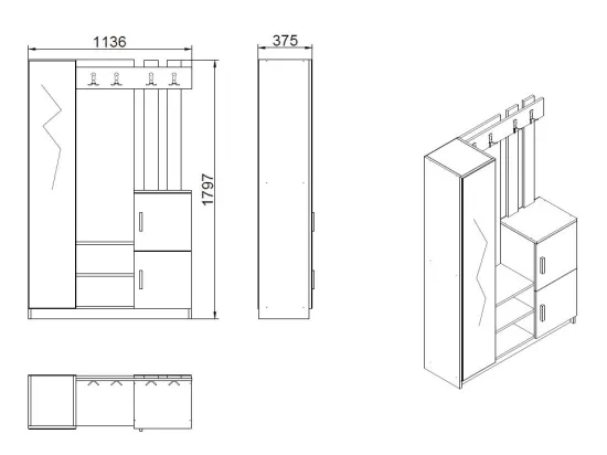 Vestiaire avec 3 portes et 1 miroir - Blanc et naturel - MIROTA