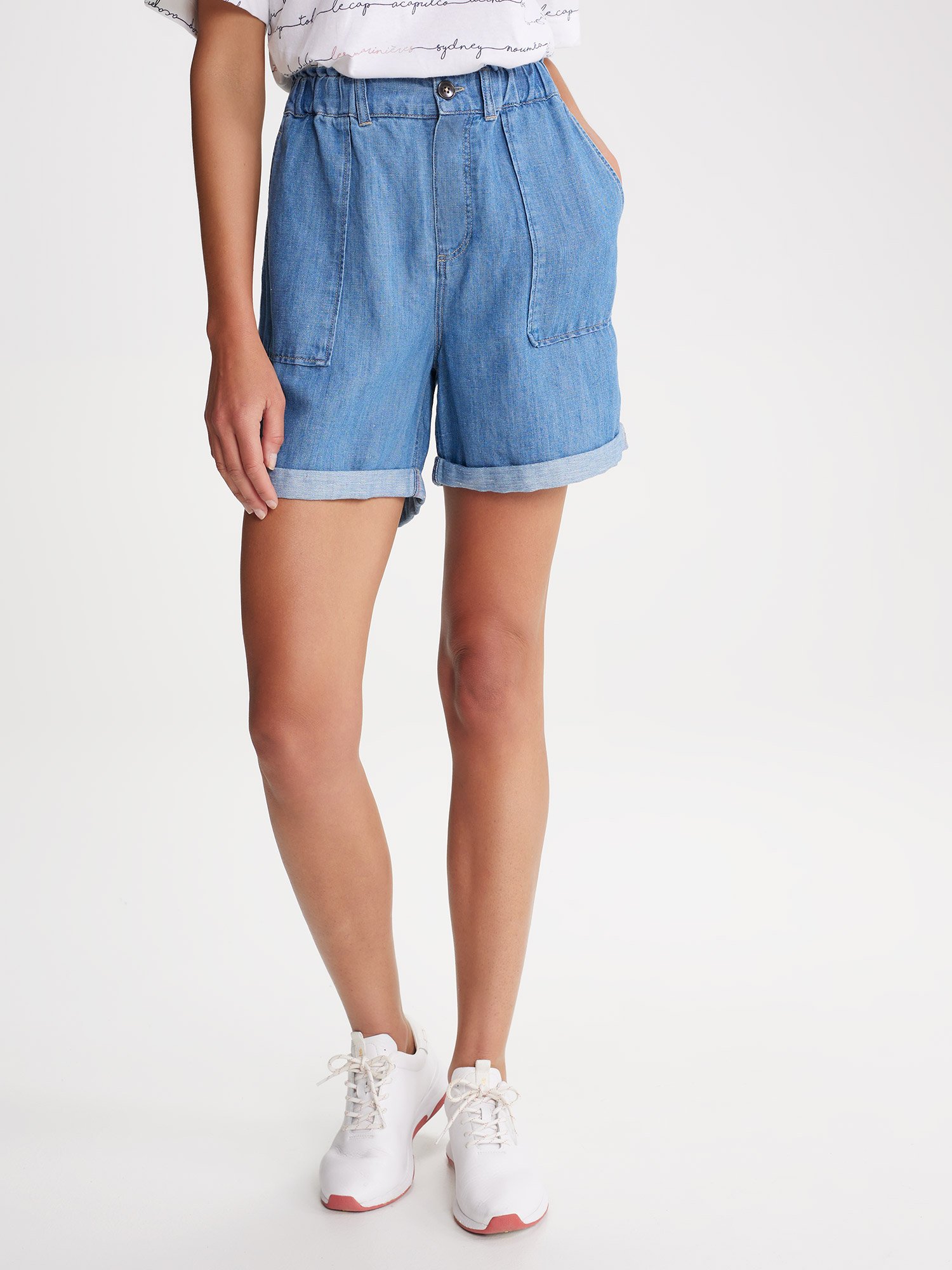 Short Femme en Jean Ceinture Elastiquée Bleu