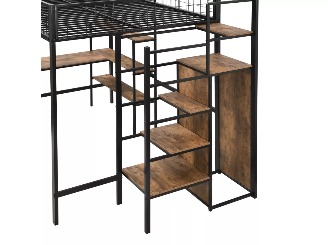 Lit mezzanine 90x200cm, cadre en fer, avec sous plateau bureau L, plusieurs étagères, escaliers et armoire intégrée, noir
