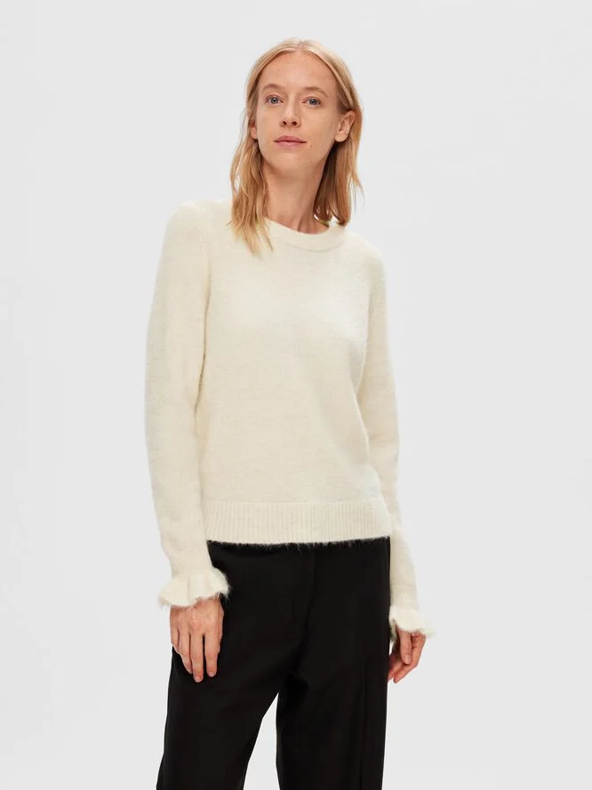 Selected Femme SLFSIA RAS LS ALPACA BLEND KNIT FRILL CUFF O-NEC Birch/melange