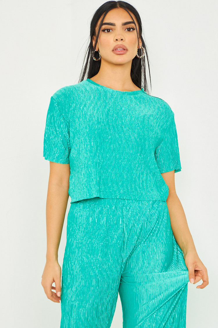 Ensemble crop top + pantalon texturés vert