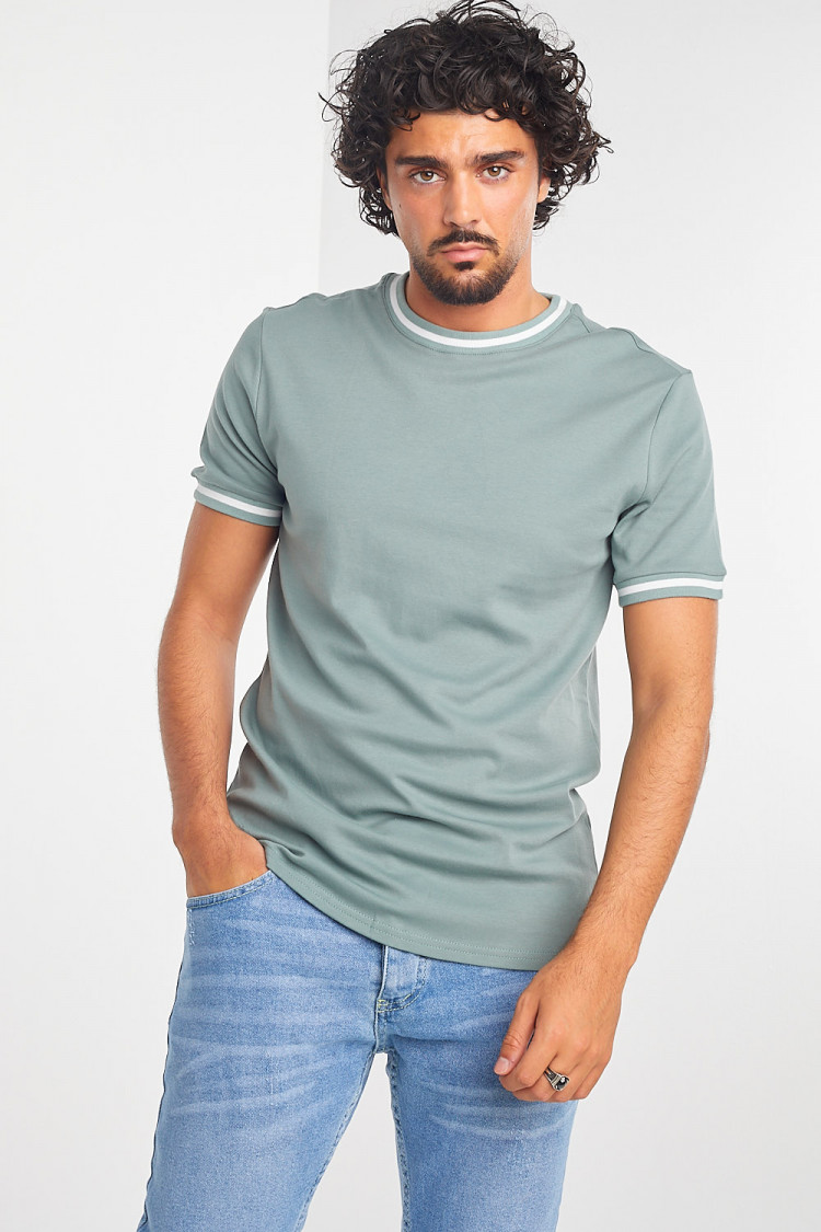 T-shirt kaki col rond à bandes blanches
