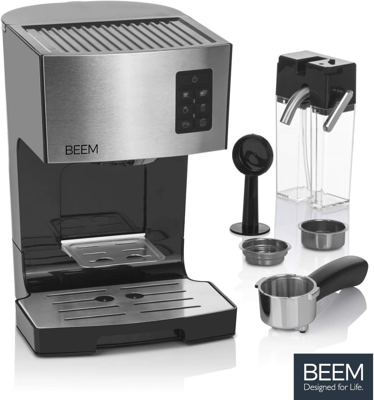 BEEM CLASSICO Espresso-Siebträgermaschine - 19 bar | Silber | Integrierter Milchtank und Dampfdüse | Abnehmbarer Wassertank | 1.450 W