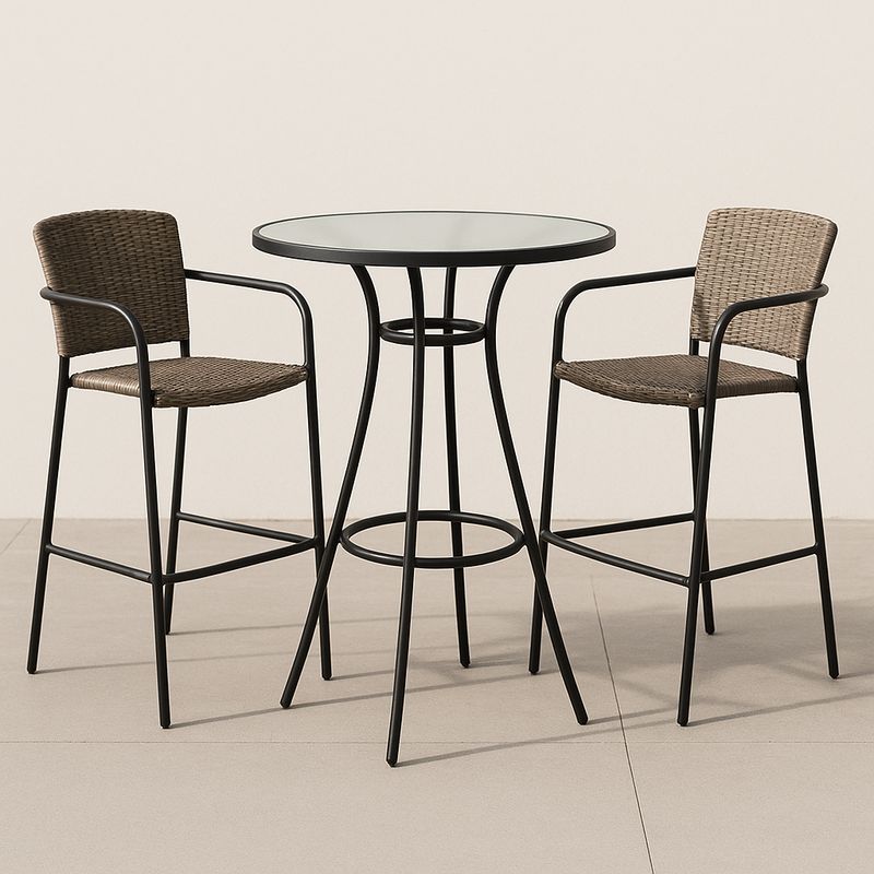 Gartenset mit rundem Tisch aus Glas und 2 Rattan-Stühlen mit Stahlrahm