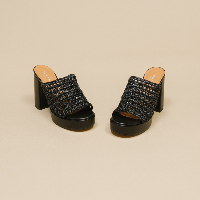 Mules ajourées à plateformes  en raphia noir