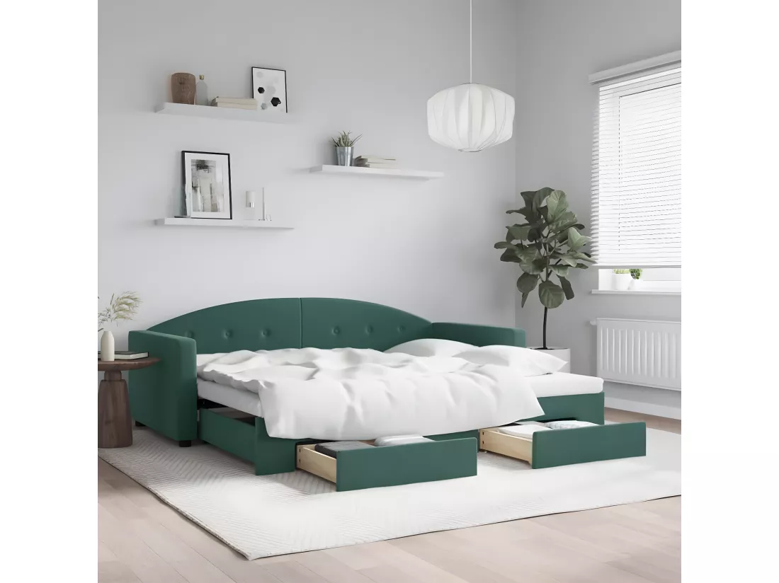 Lit de jour avec gigogne et tiroirs vert foncé 90x200cm velours