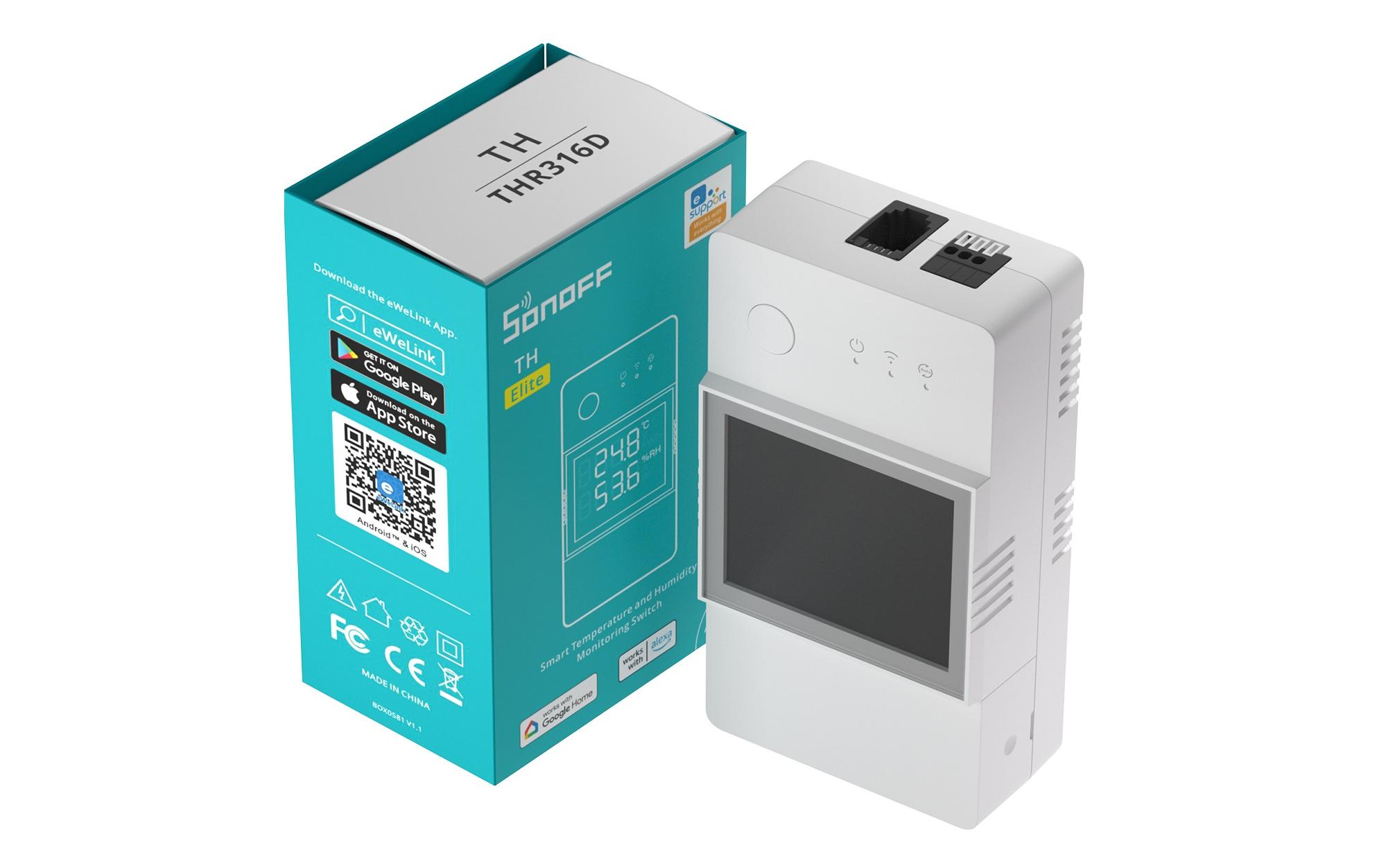 WLAN-Schaltaktor Temp. & Feuch. THR316D, 230 V, 16AIntelligenter Temperatur- und Feuchtigkeitsüberwachungsschalter mit Display
