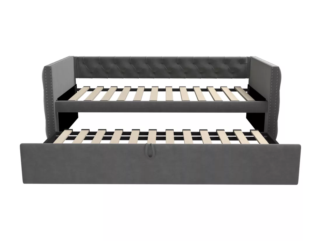 Lit gigogne rembourré en velours - 90/180x200 cm - avec sommier à lattes - Gris