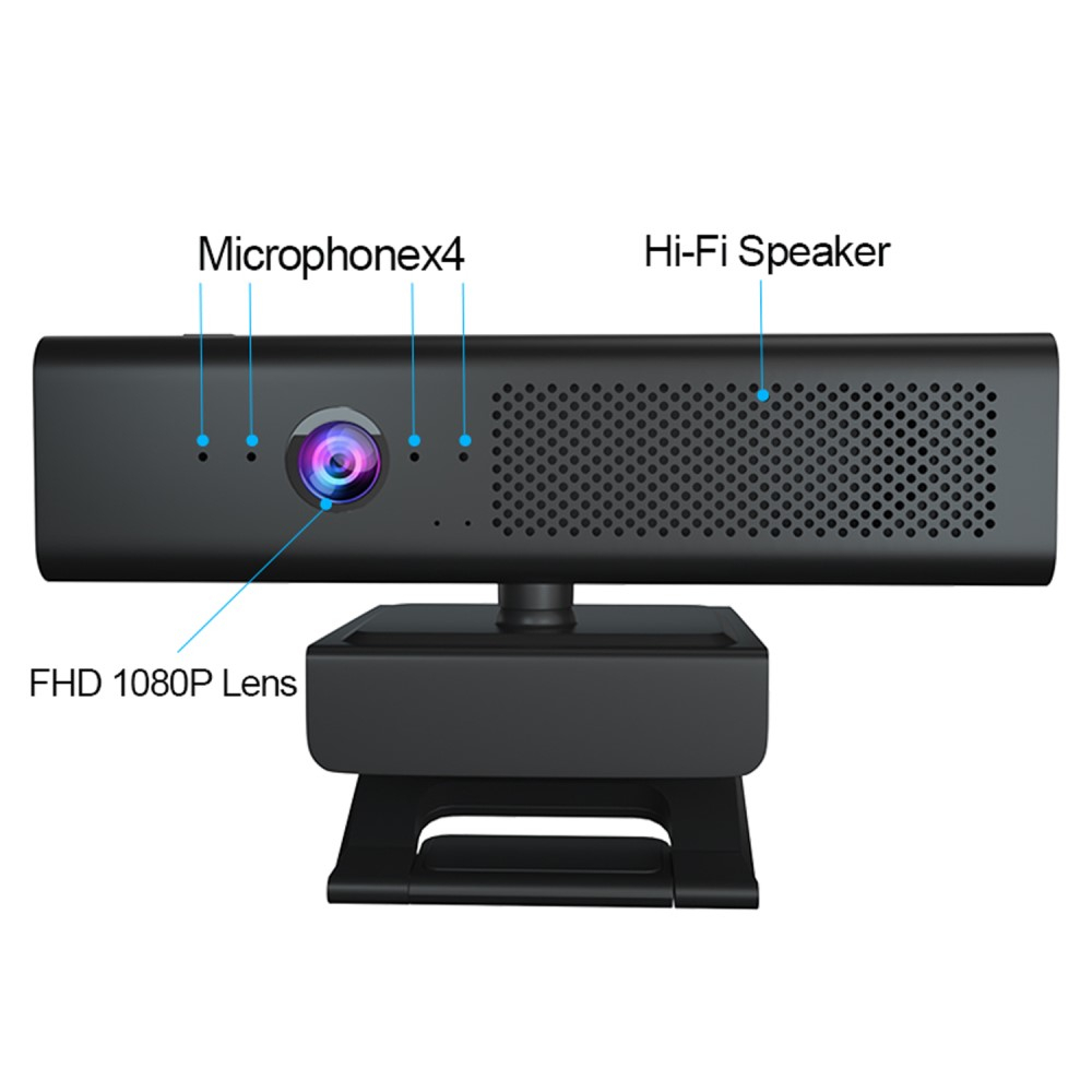 USB Webcam 2MP 1080p Full HD Kamera mit Autofokus   4x Mikrofon und Lautsprecher für Laptop / PC - Schwarz