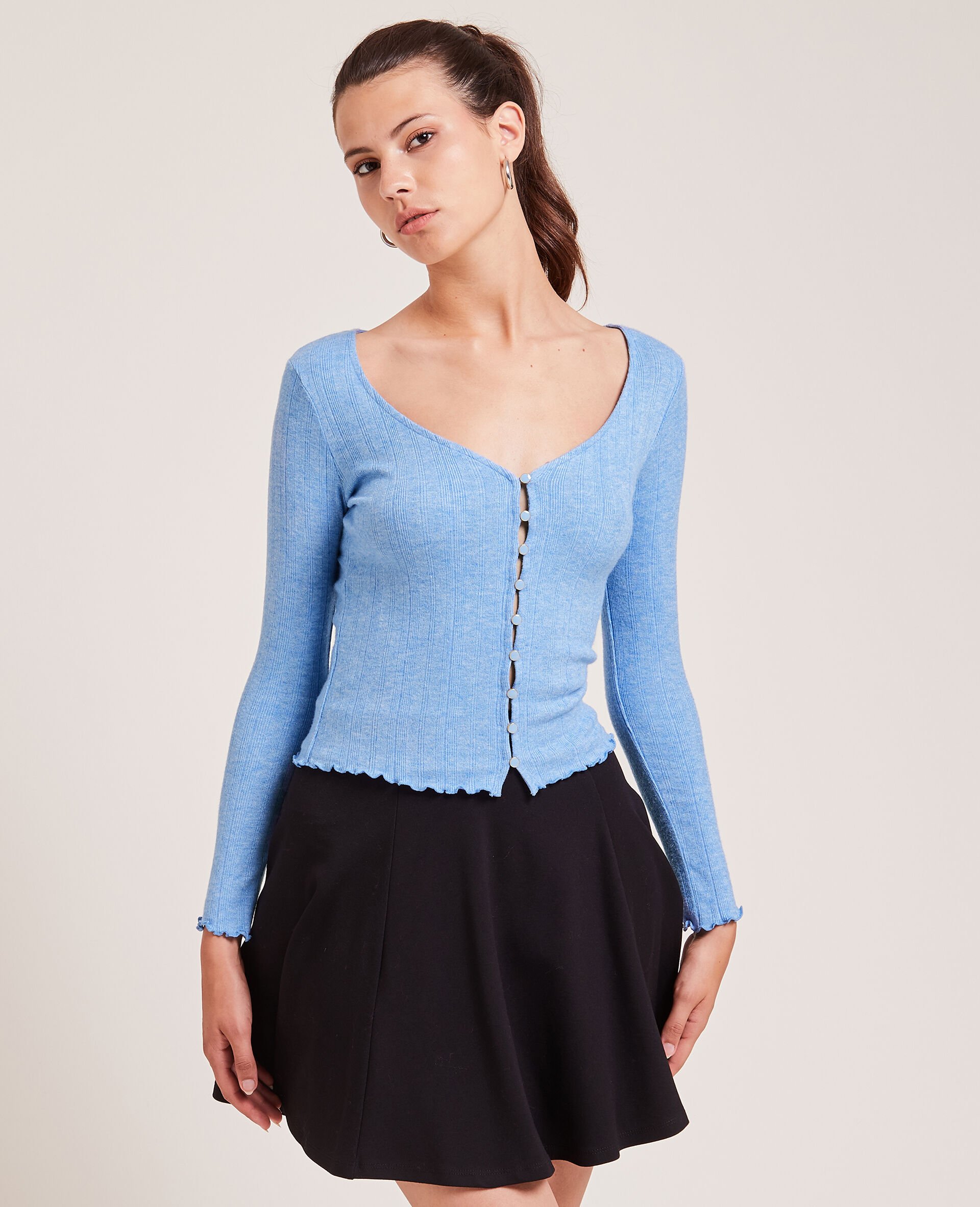 Top boutonné en maille côtelée - Bleu électrique