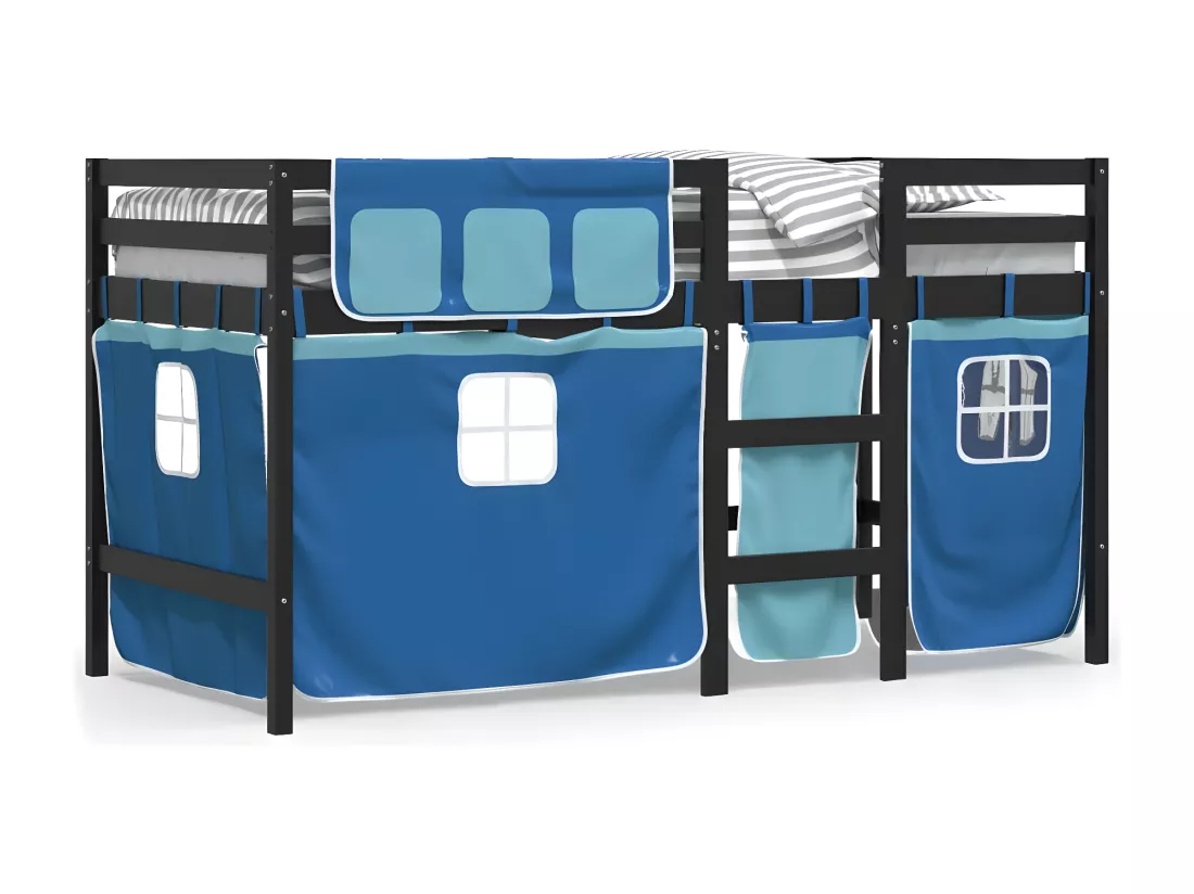 Lit mezzanine enfants et rideaux bleu 90x190cm bois pin massif