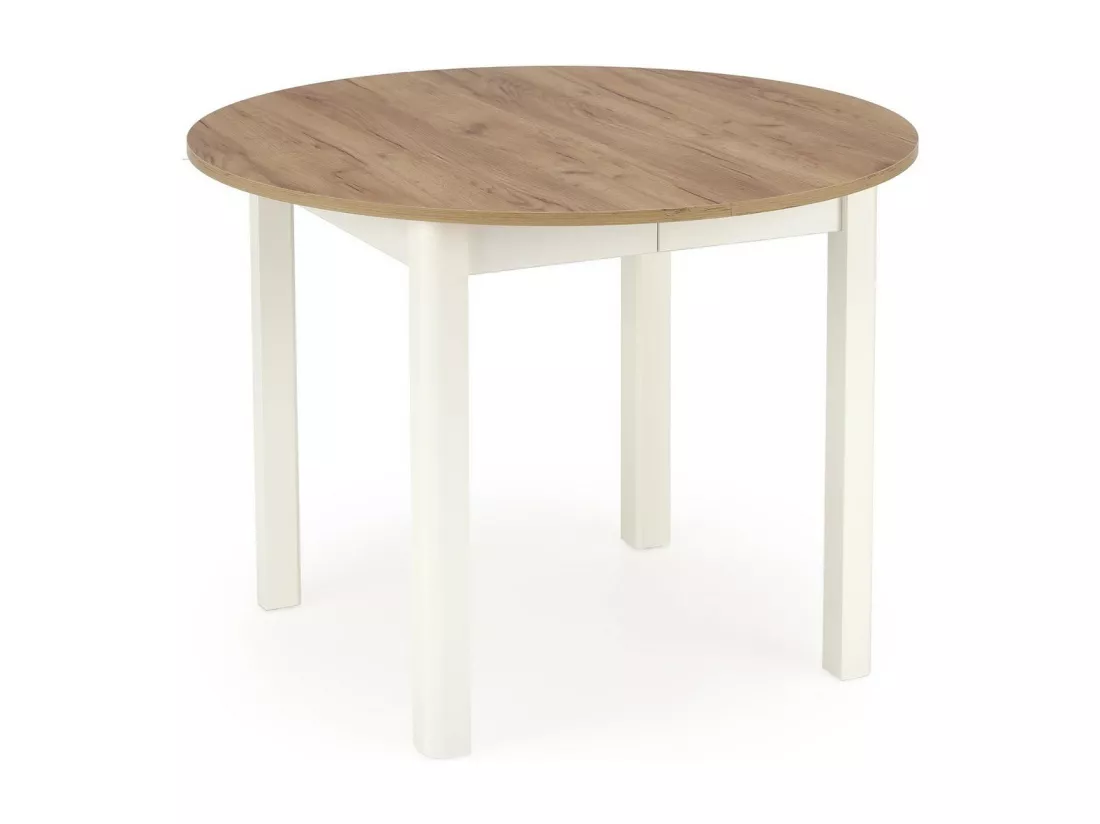 Table à manger ronde 100cm extensible avec plateau aspect chêne et pieds blancs CARENE