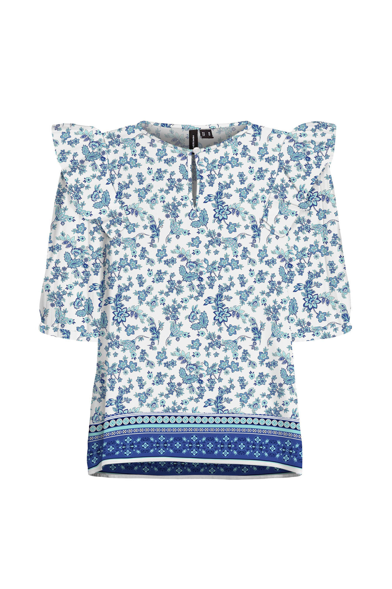 Blusa de gola redonda com mangas 2/4 - Azul