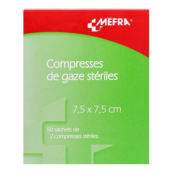 Mefra compresses gaze stériles premiers soins 7,5cm x 7,5cm (50x2 compresses)