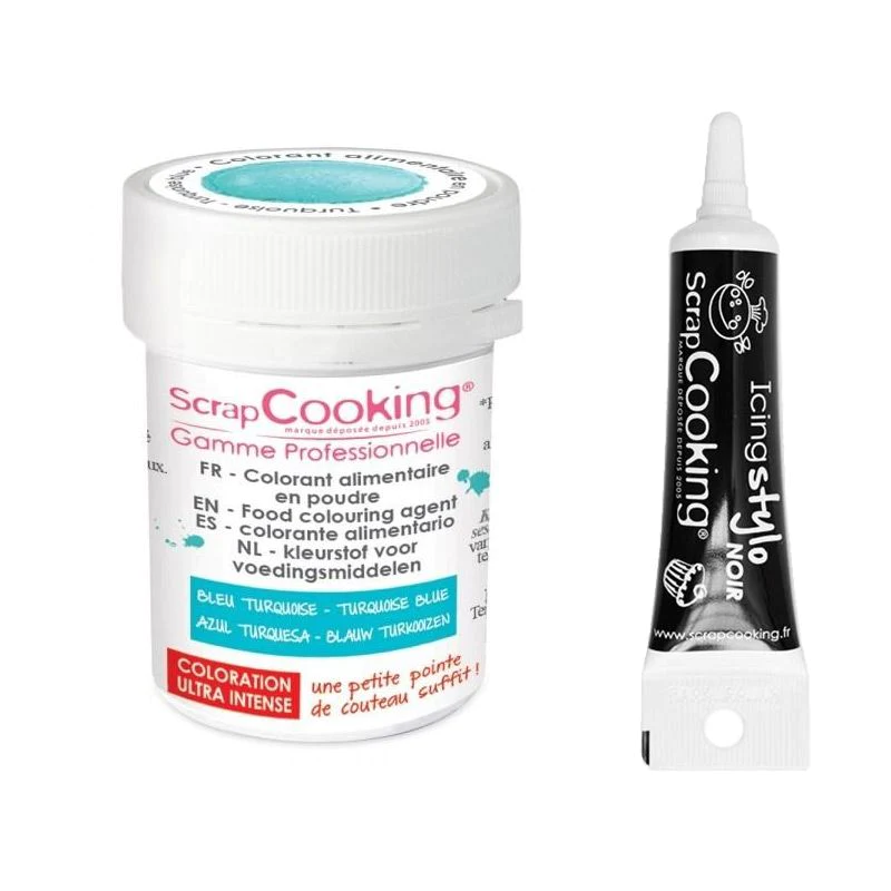 Colorant alimentaire en poudre turquoise + Stylo glaçage noir Scrapcoo
