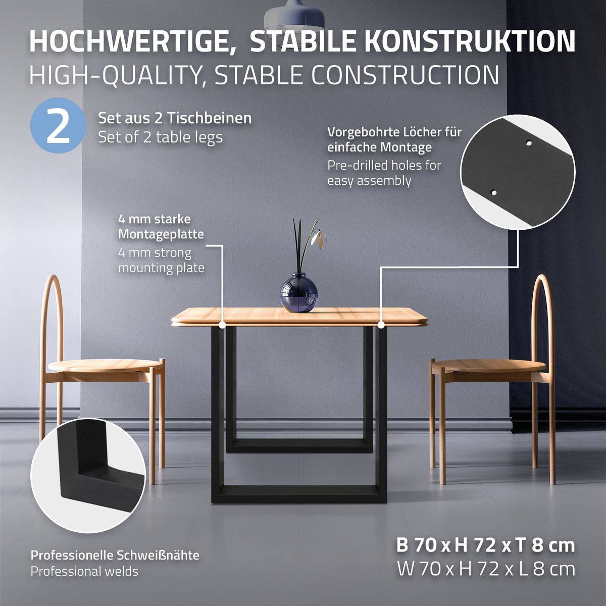 ECD Germany 2x Tafelpoten van vierkante profielen, 70 x 72 cm, zwart, gepoedercoat staal, industrieel design, metalen tafelsledes, tafelonderstel, tafelframe, meubelpoten, voor eettafel, bureau