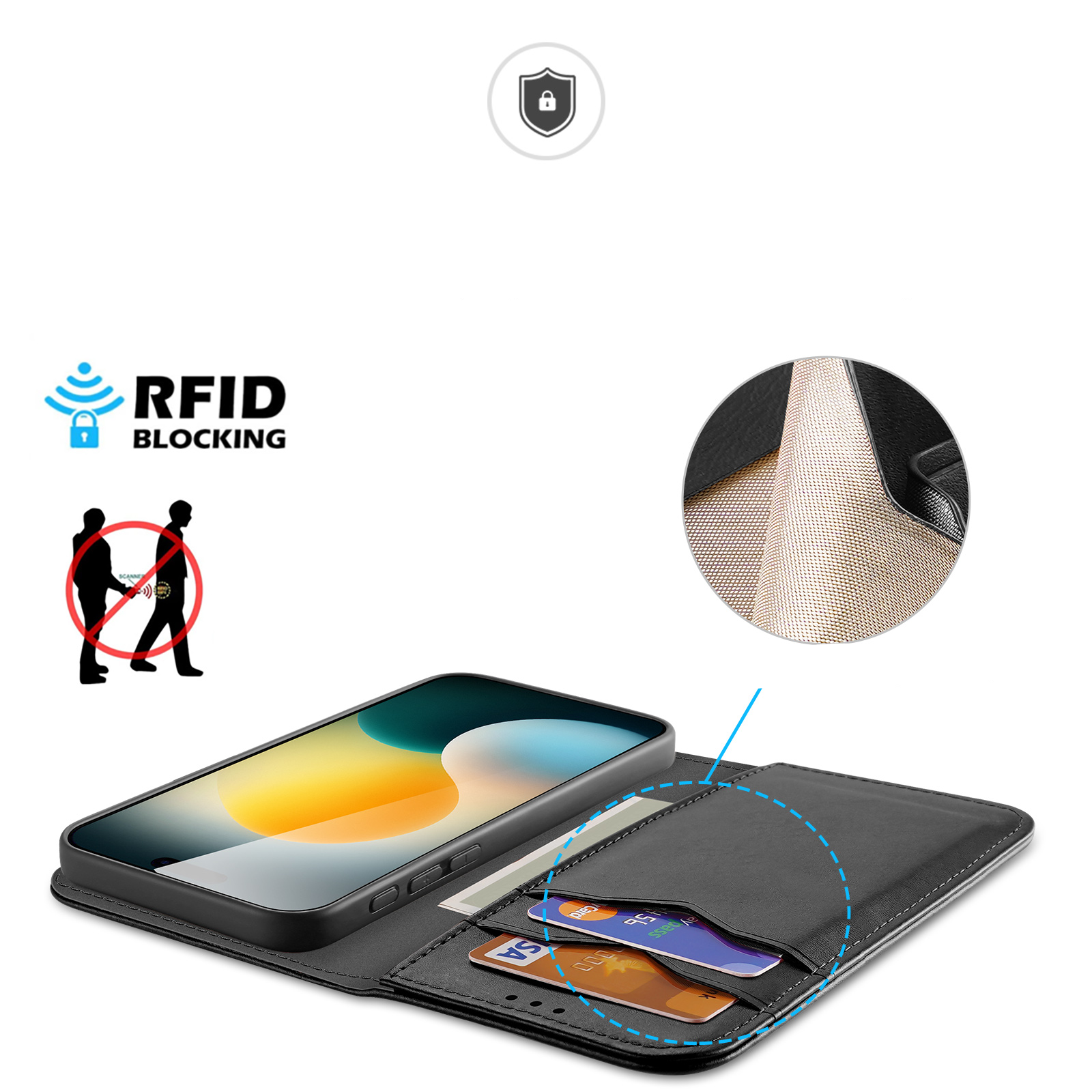 iPhone 17 Pro Max Flip Wallet Cover Echtleder Tasche (RFID Schutz) - Schwarz