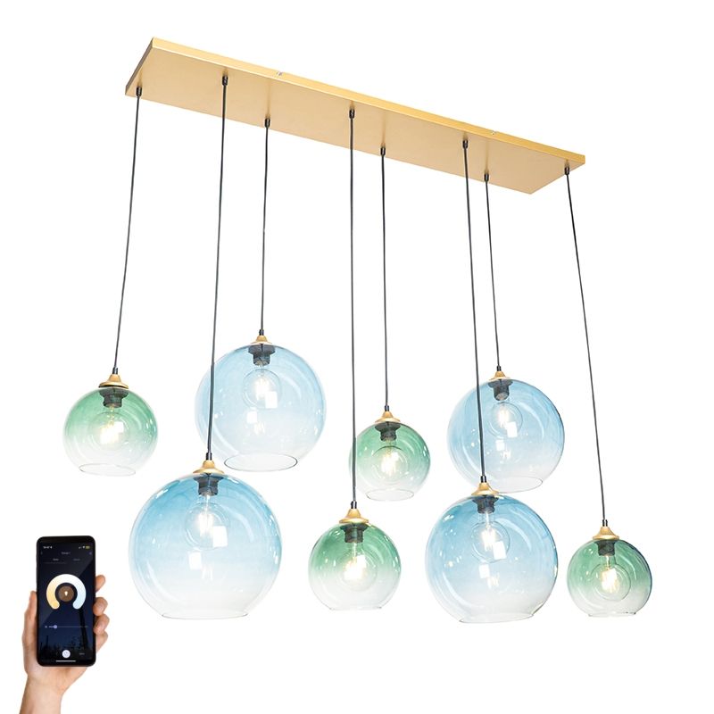 Smart hanglamp messing met blauw en groen glas 8-lichts incl. 8 Wifi G95 - Sandra