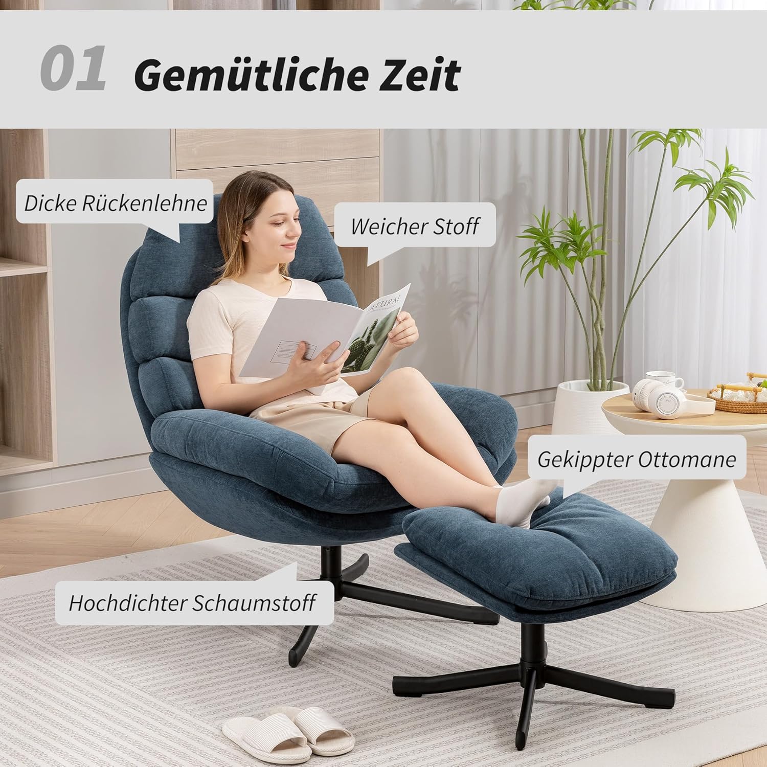 HOMCOM Relaxsessel mit Hocker Sessel Loungesessel mit Chenille-Optik breiter Sitzfläche Drehbar Polstersessel Armlehnensessel für Wohnzimmer, Schlafzimmer, Blau