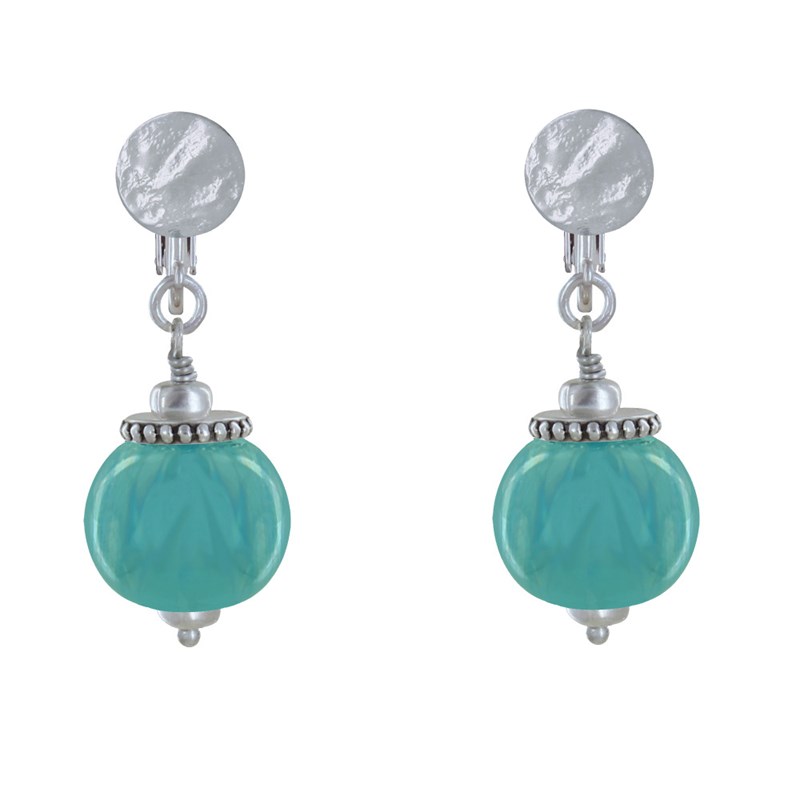 Boucles d'Oreilles Clip Métal Argenté et Grosses Perles en Céramique