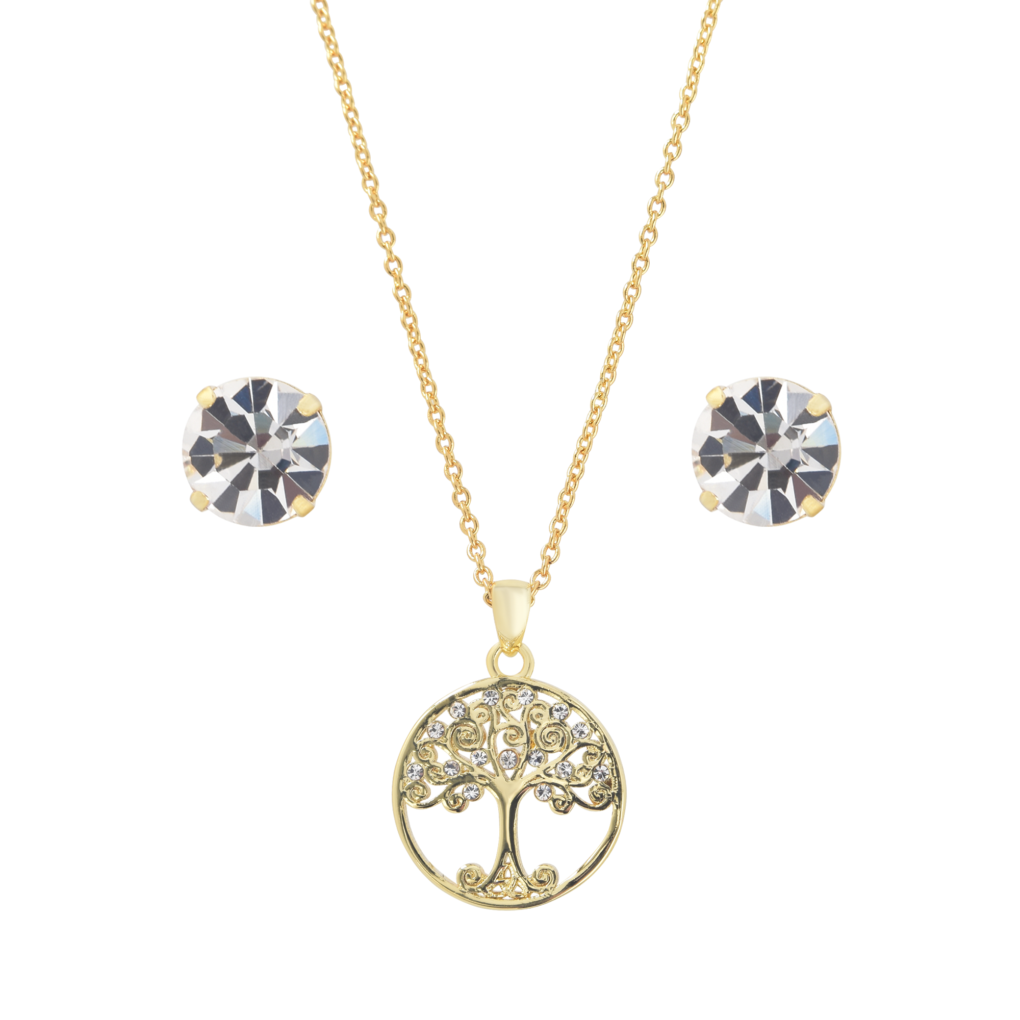 (3-tlg. Set) 14K Gold Damen Halskette / Ohrstecker mit Baum des Lebens Kristall Anhänger - Gold