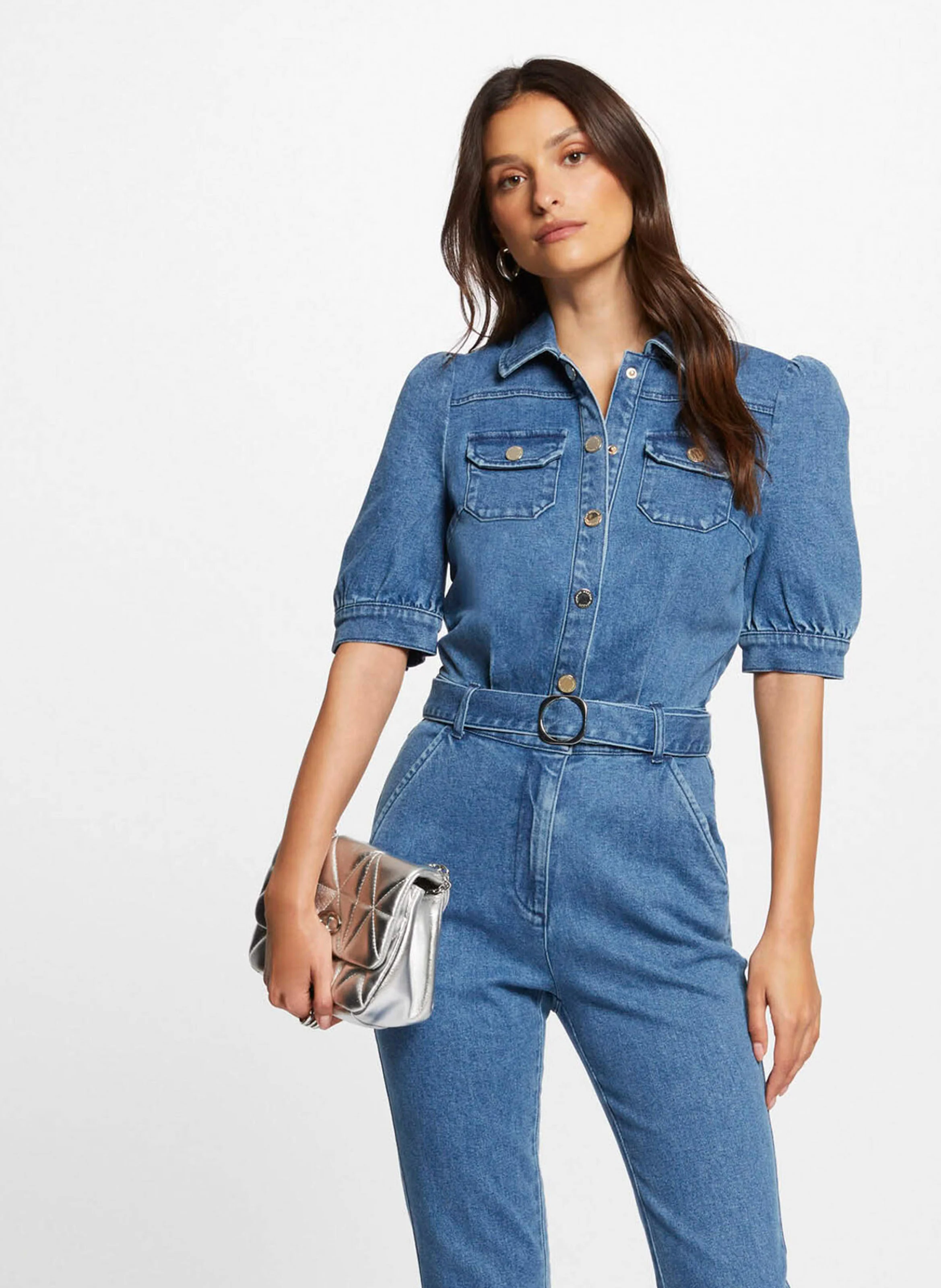 PCHICA - Combinaison col chemise en jean | Bleu