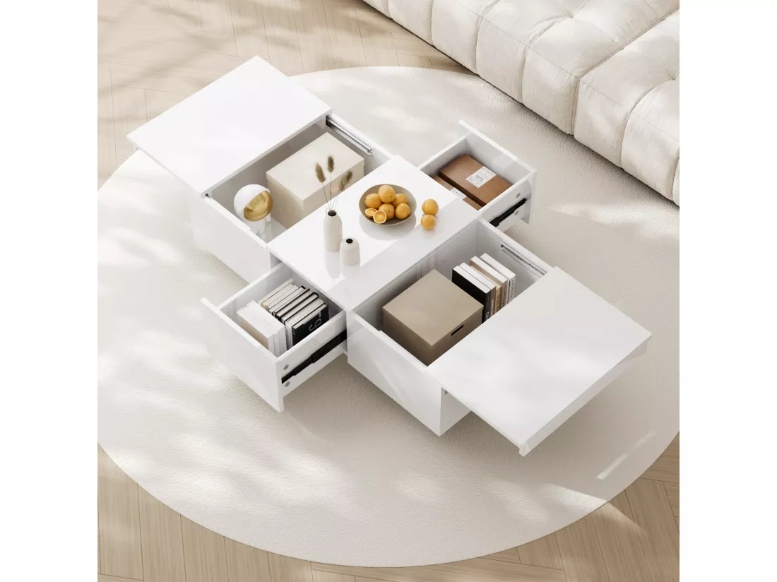Table basse moderne en finition haute brillance avec rangement Push-Pull et tiroirs doubles – 100 x 50 x 31 cm