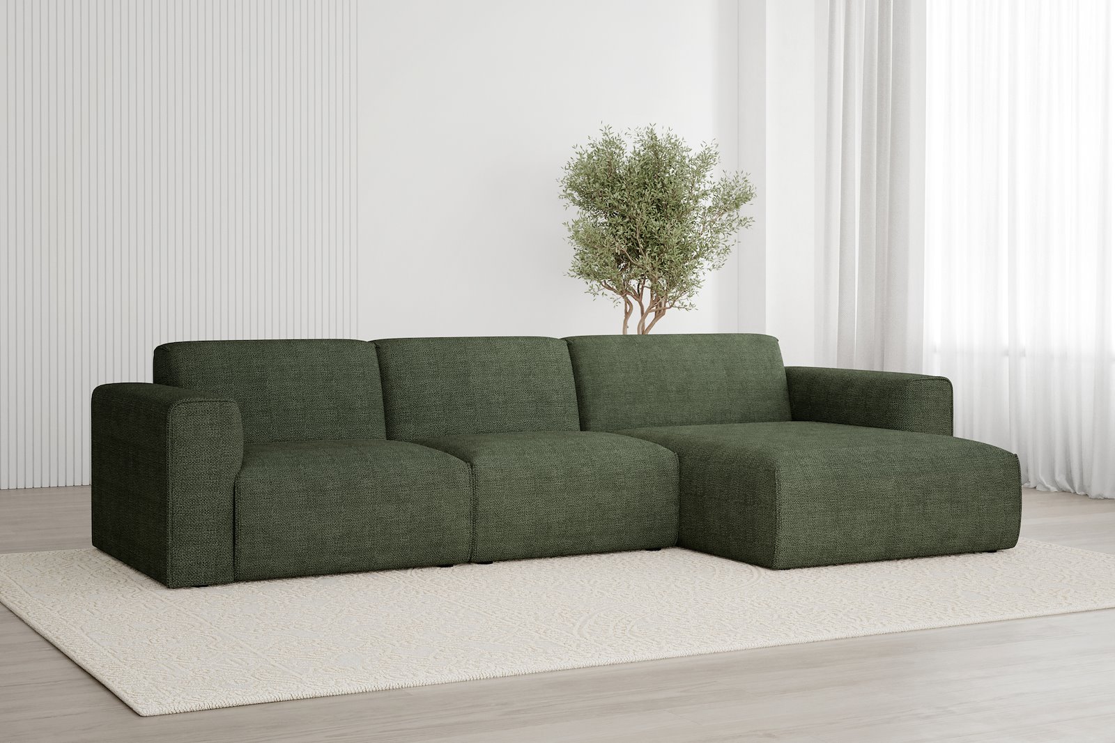 Monaco Lux 2,5-seter med XL sjeselong høyre Tekstil Fjord 11 Winter Moss med sorte ben. Lux komfort.