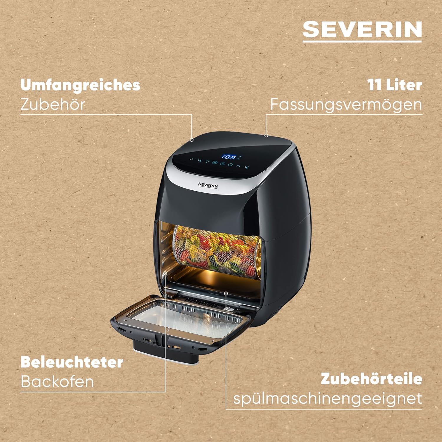 SEVERIN Multi Heißluftfritteuse mit 11 Liter Fassungsvermögen, Heißluft Fryer mit umfangreichem Zubehör, Fritteuse ohne Fett mit 8 Automatikprogrammen, 2000 W, schwarz/silber, FR 2446