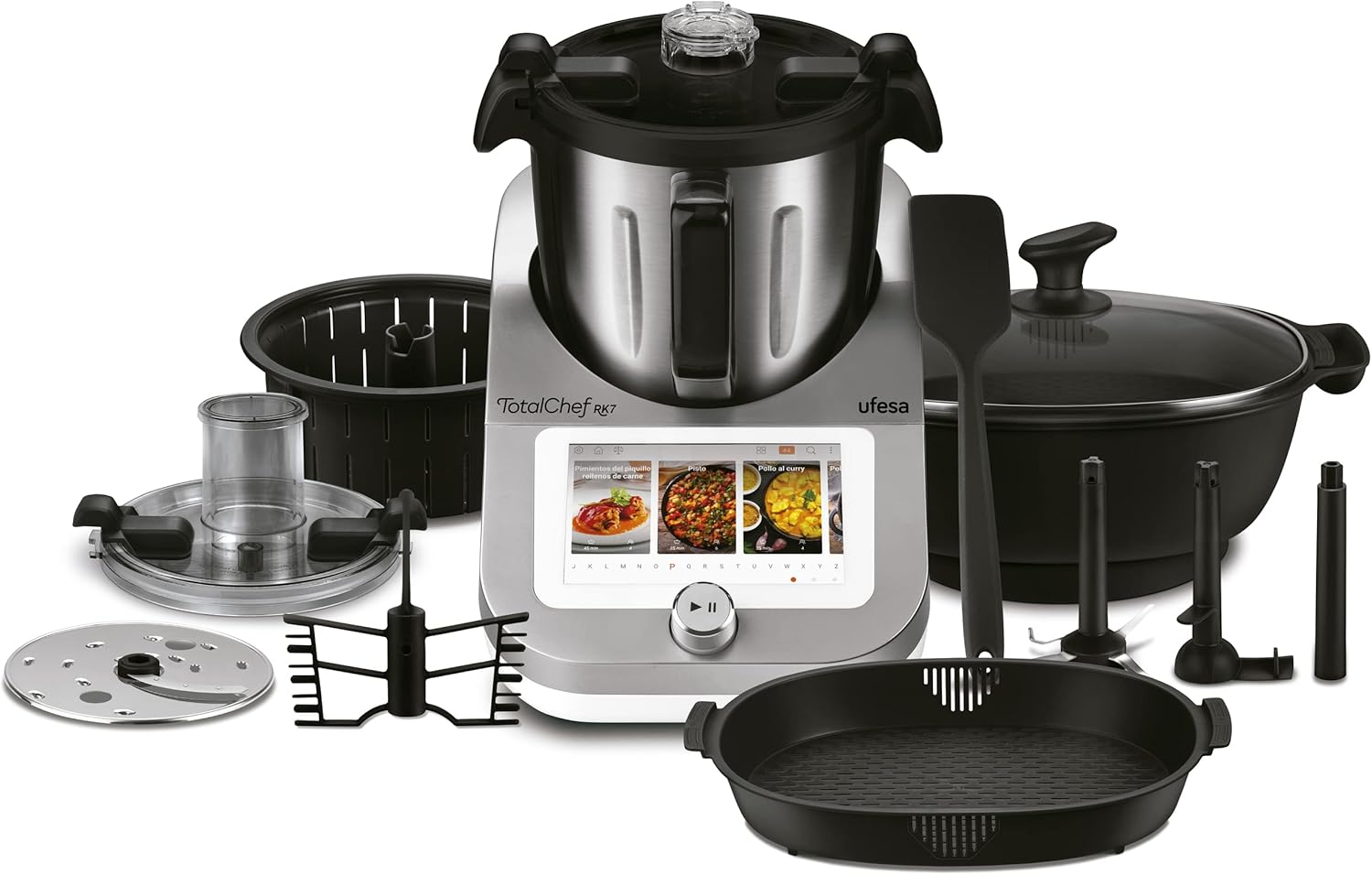 Ufesa TotalChef RK7 Küchenmaschine mit WLAN, Multifunktions Küchenroboter mit Kochfunktion, Kochroboter 30 Funktionen, 4.5L, 7-Zoll-Touchscreen, Interaktives Rezeptbuch, Amazon-Exklusiv,Silber / Weiss