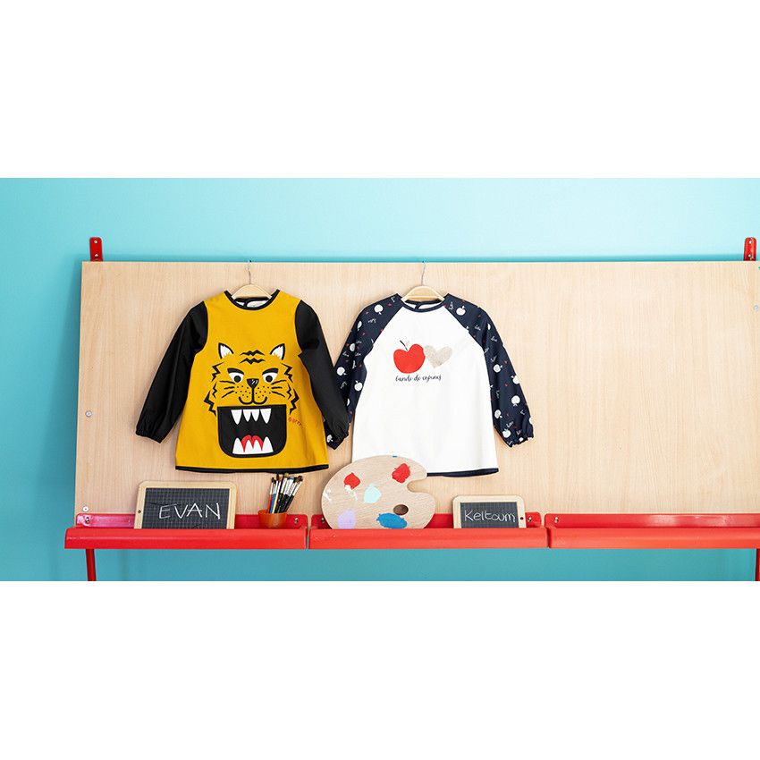 Tablier en toile manches longues imprimé pommes pour fille - Ecru