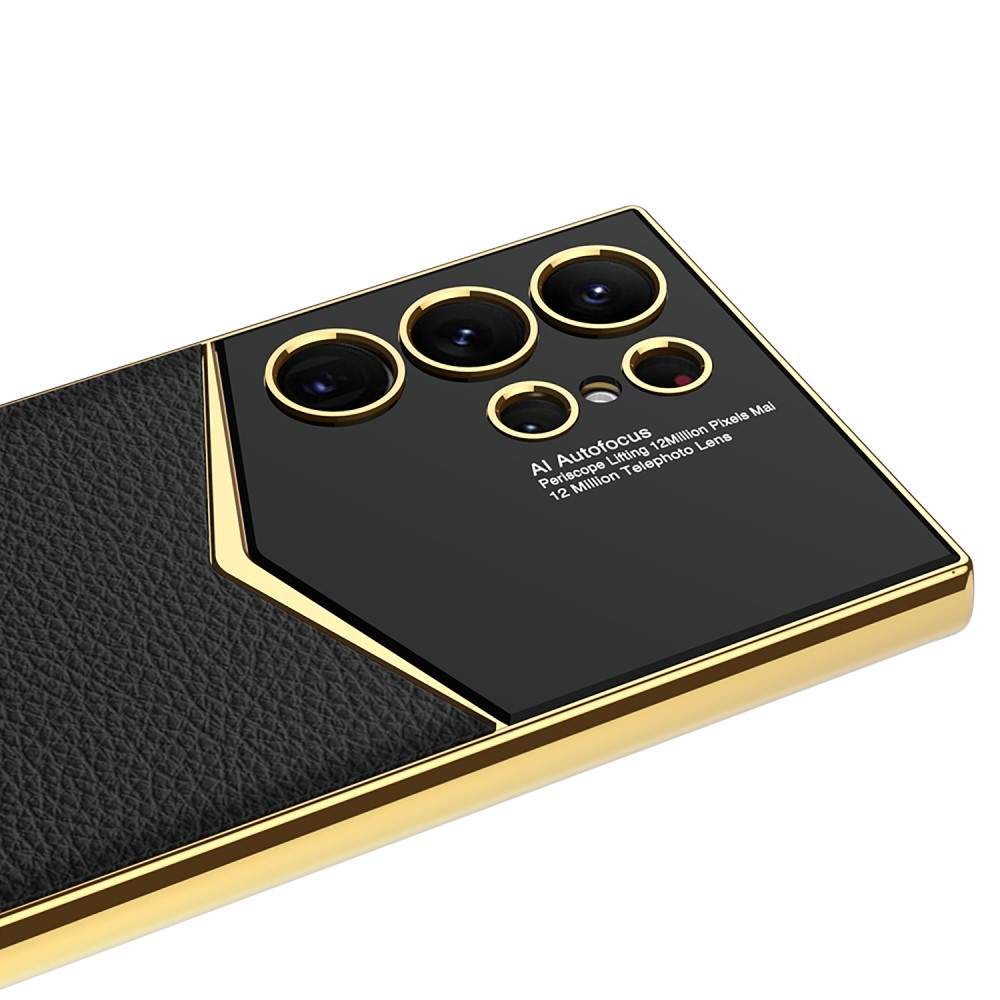 Samsung Galaxy S24 Ultra Leder Hardcase Hülle mit Galvanisiertem Rahmen   Kameraschutz - Gold / Lila