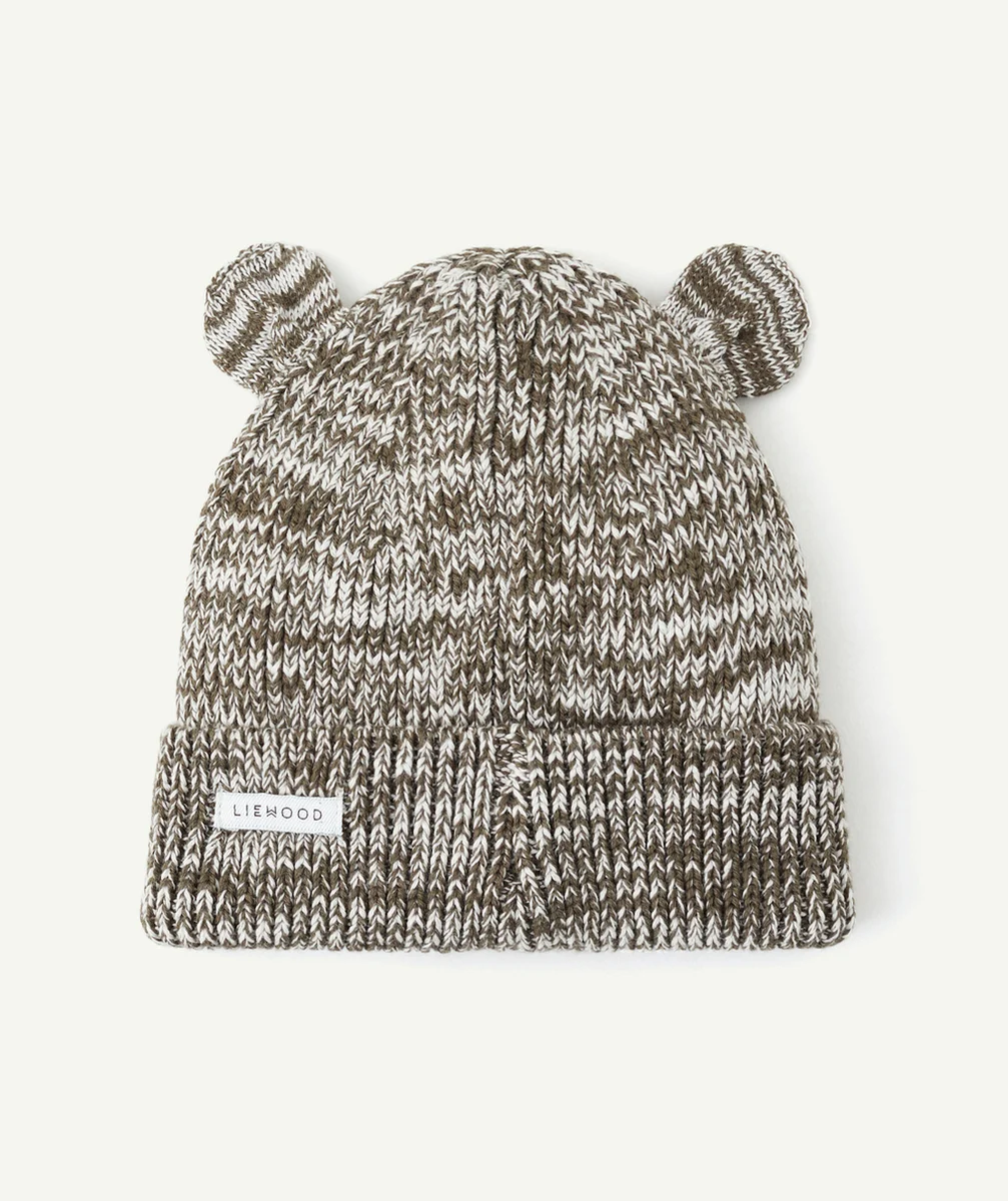 LIEWOODBONNET GINA EN TRICOT CÔTELÉ ET COTON BIO MARRON ET ÉCRU AVEC OREILLES D’OURS