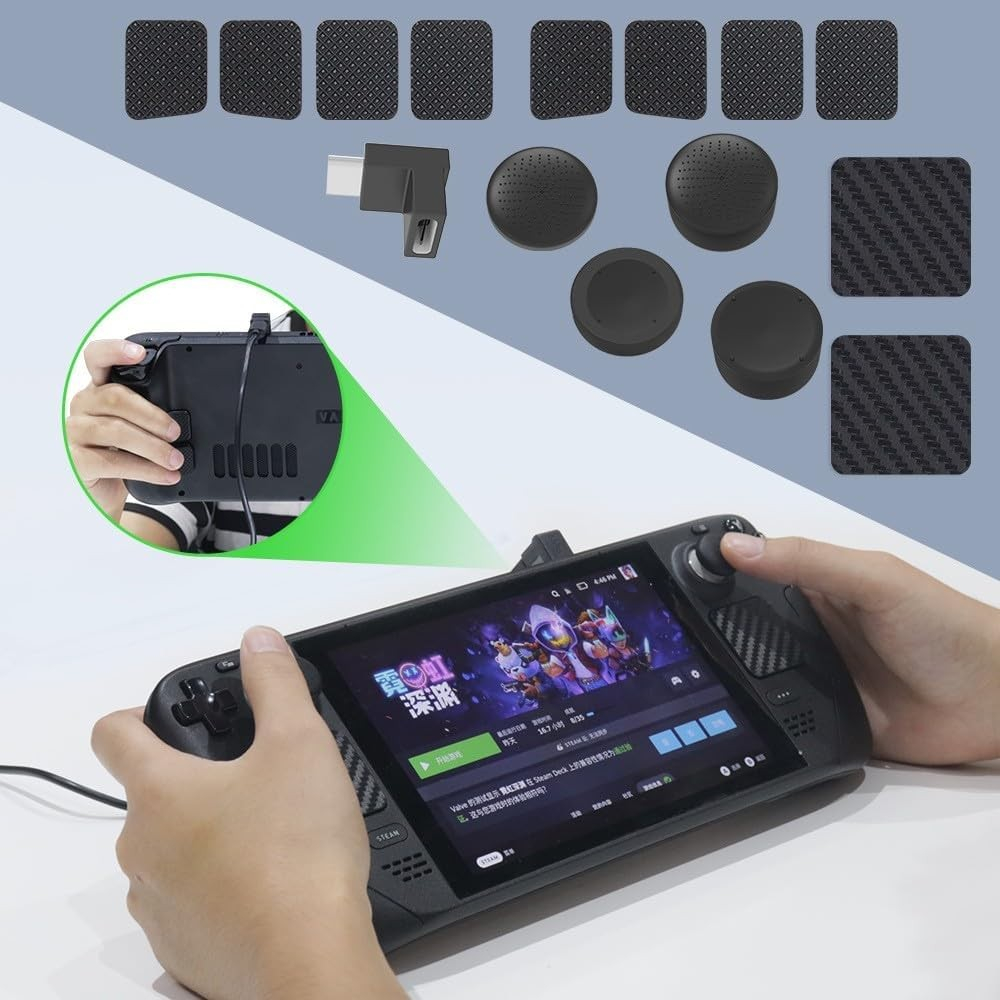 (13er Set) Joystick Thumbstick Anti-Rutsch Silikon Grip Kappen und 90° Grad Ladeadapter für Steam Deck / OLED - Schwarz
